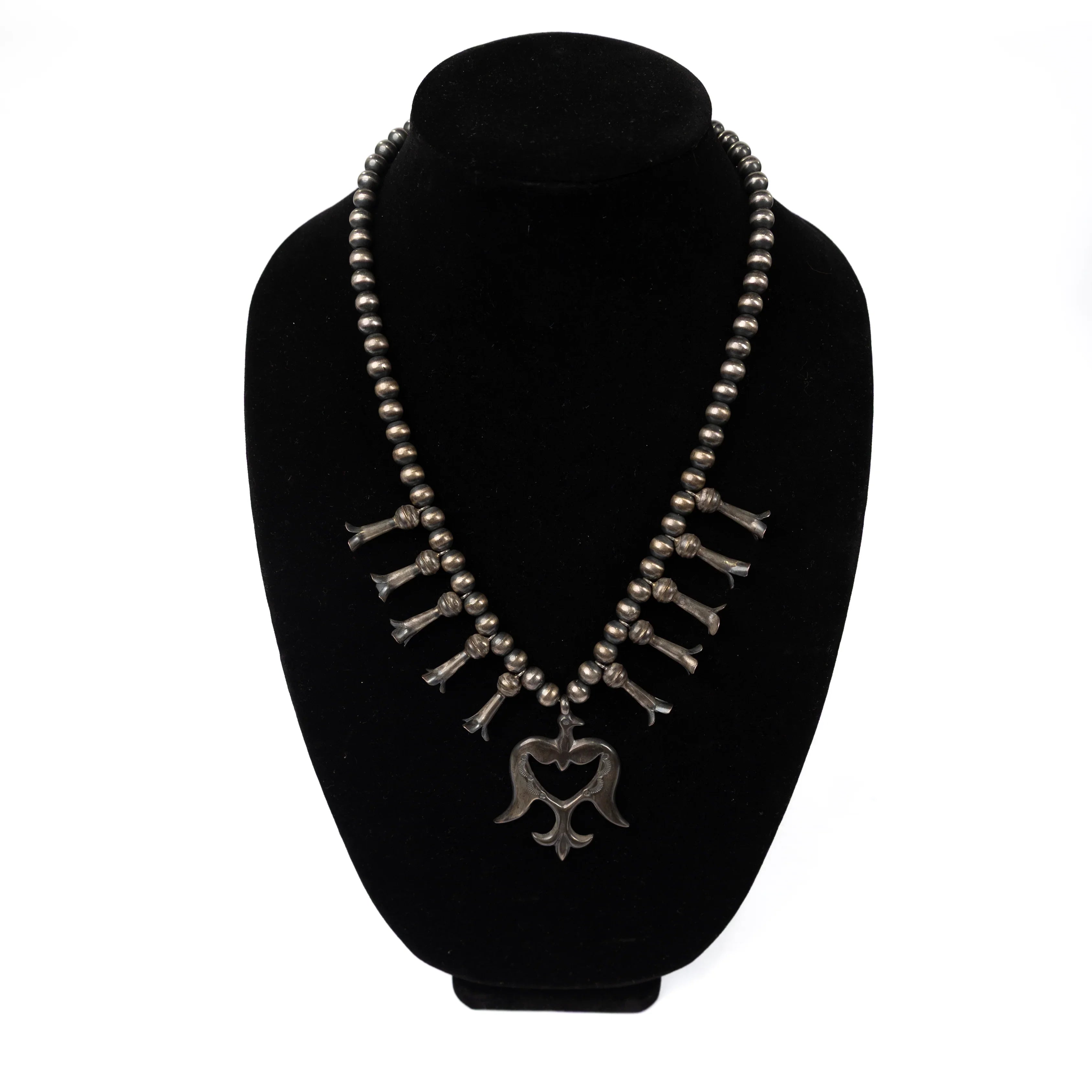 Women's Bilagaanas Handmade Silver Navajo Pearl Thunderbird Heart Necklace