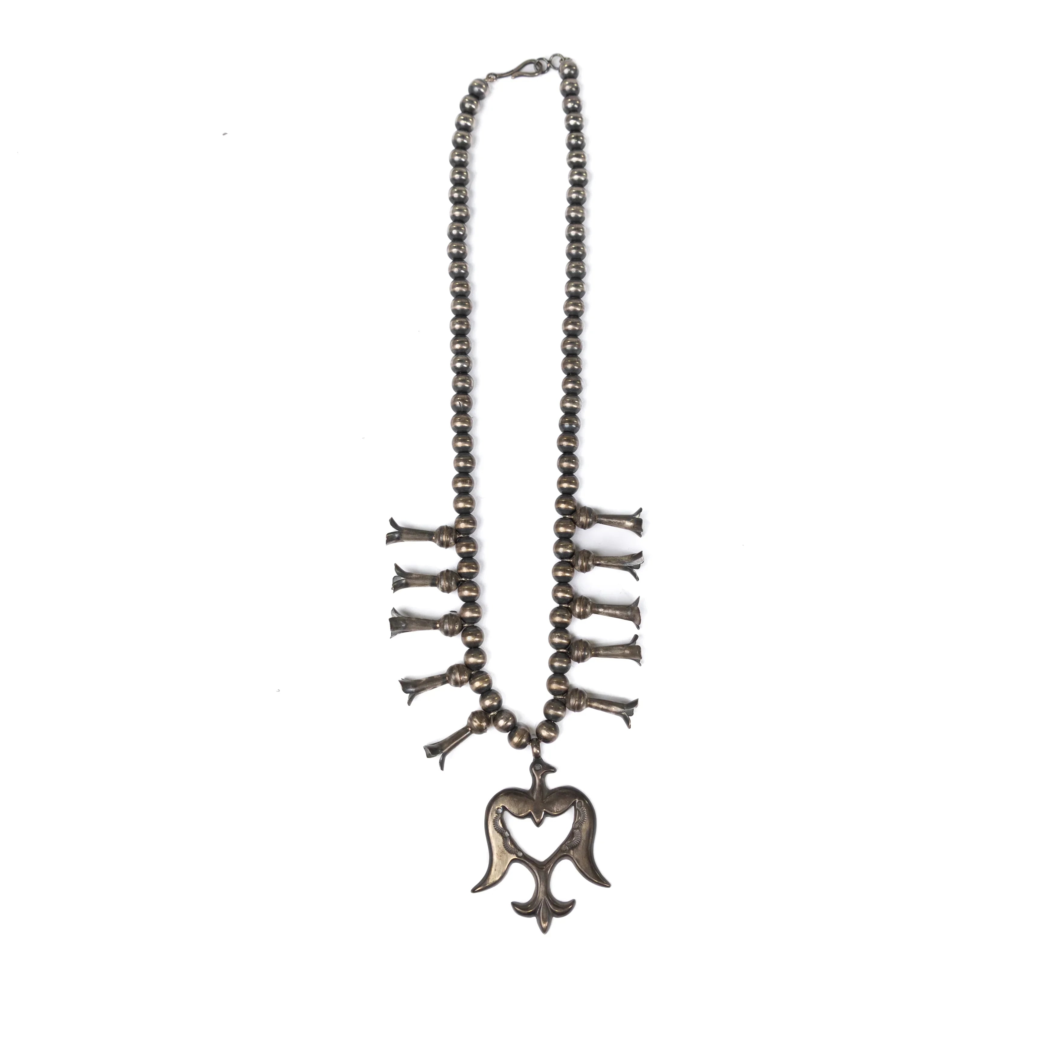 Women's Bilagaanas Handmade Silver Navajo Pearl Thunderbird Heart Necklace