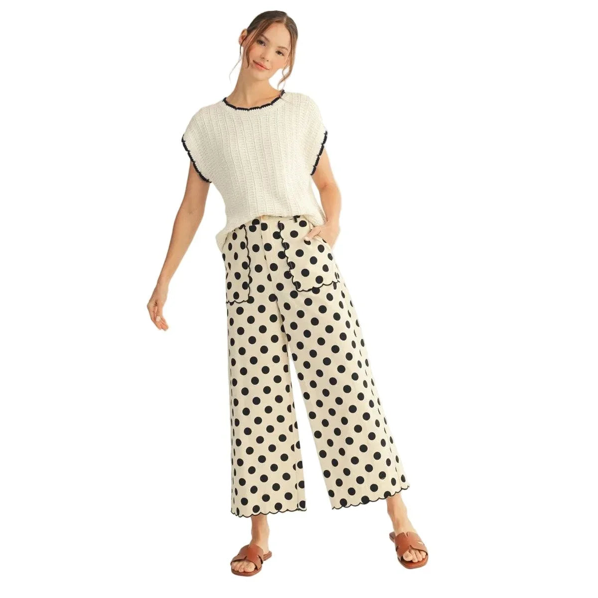 Women's Black and White Embroidered Scallop Edge Detail Polka Dot Pants M50077-1
