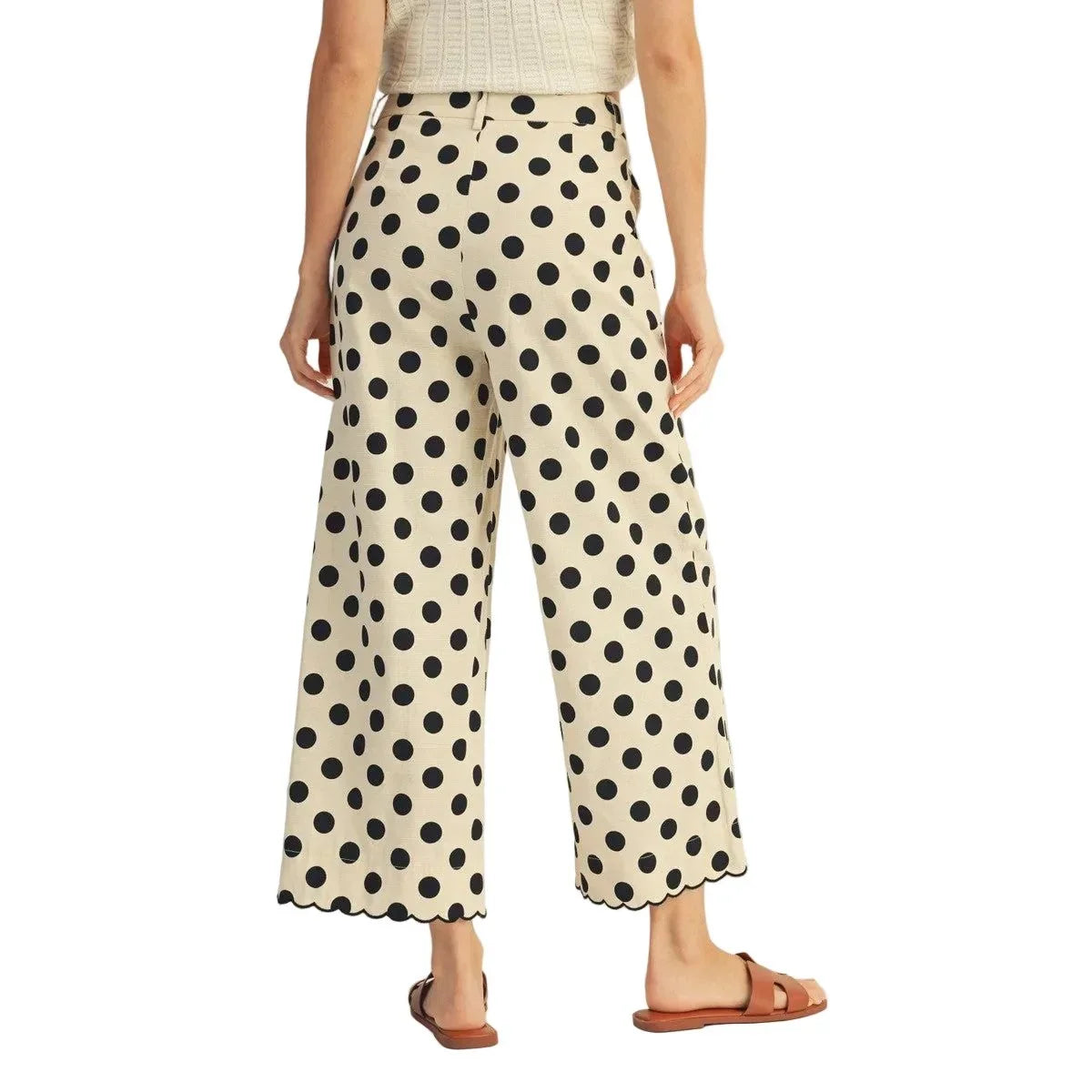 Women's Black and White Embroidered Scallop Edge Detail Polka Dot Pants M50077-1