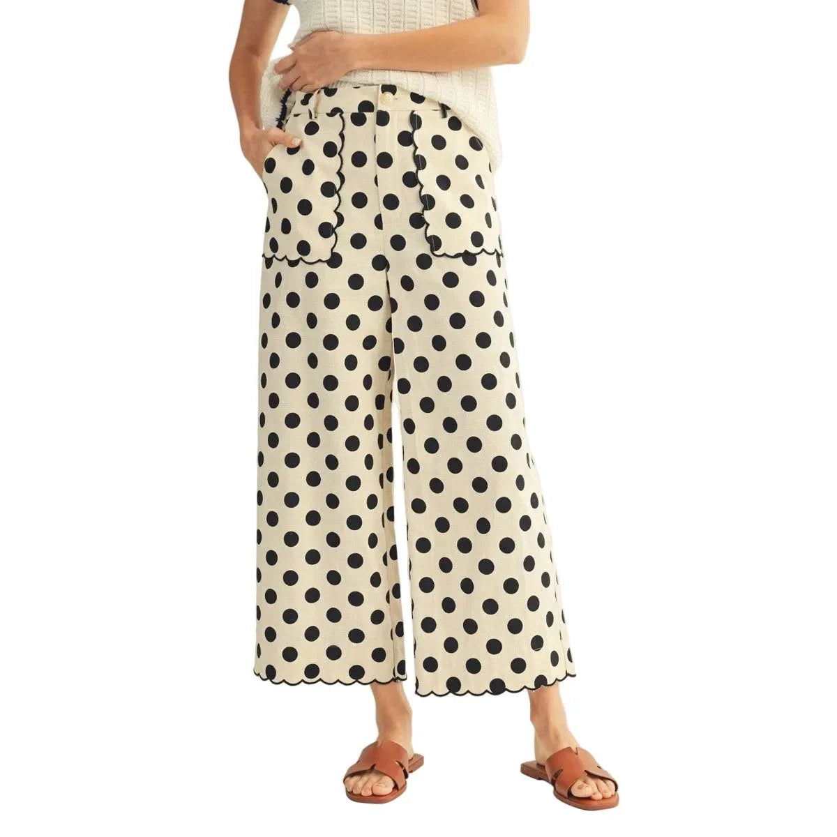 Women's Black and White Embroidered Scallop Edge Detail Polka Dot Pants M50077-1