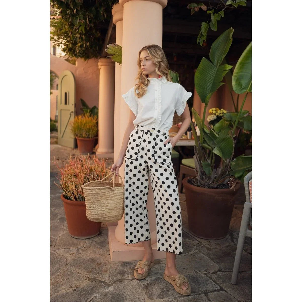 Women's Black and White Embroidered Scallop Edge Detail Polka Dot Pants M50077-1