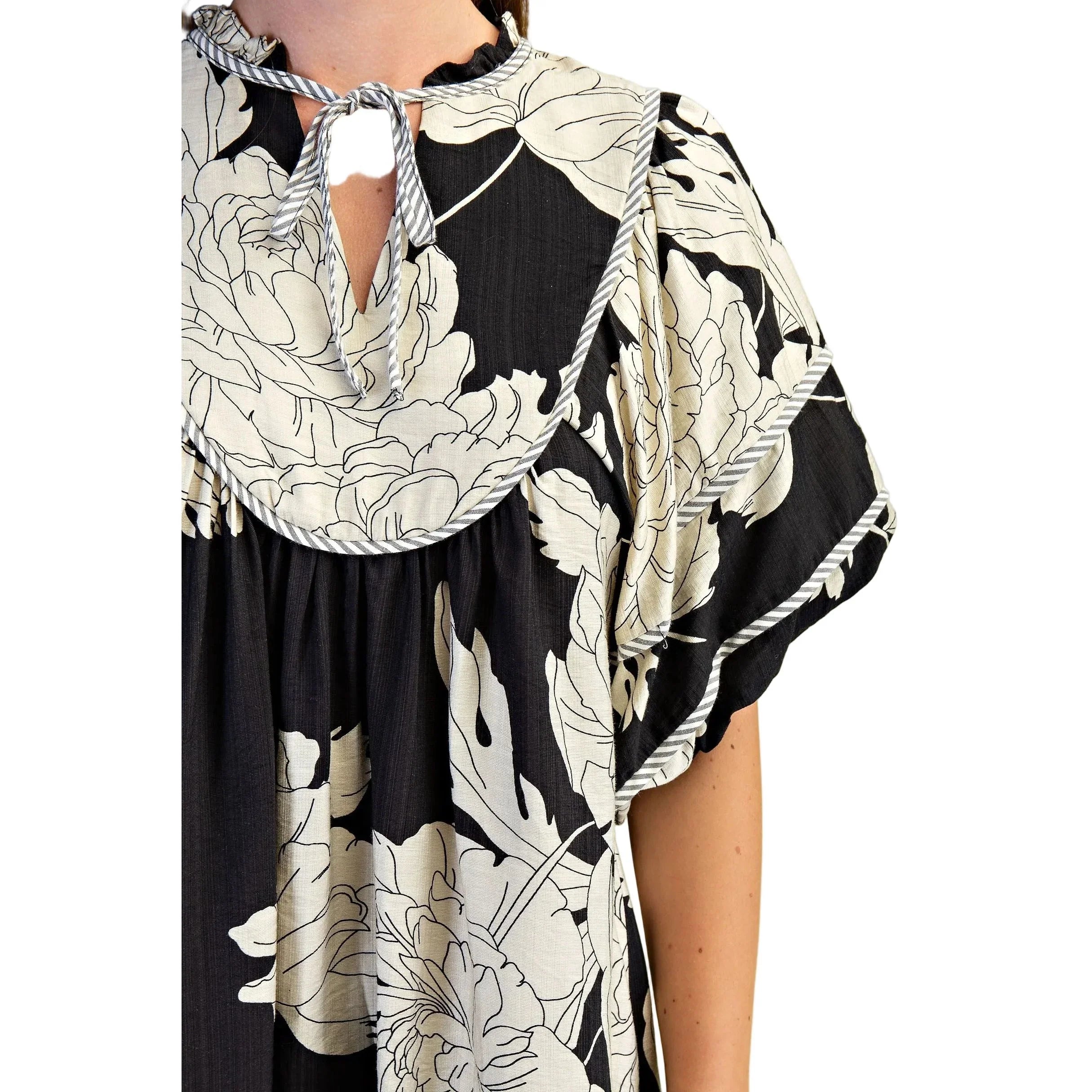 Women's Black and White Floral Print Babydoll Dress TE1118