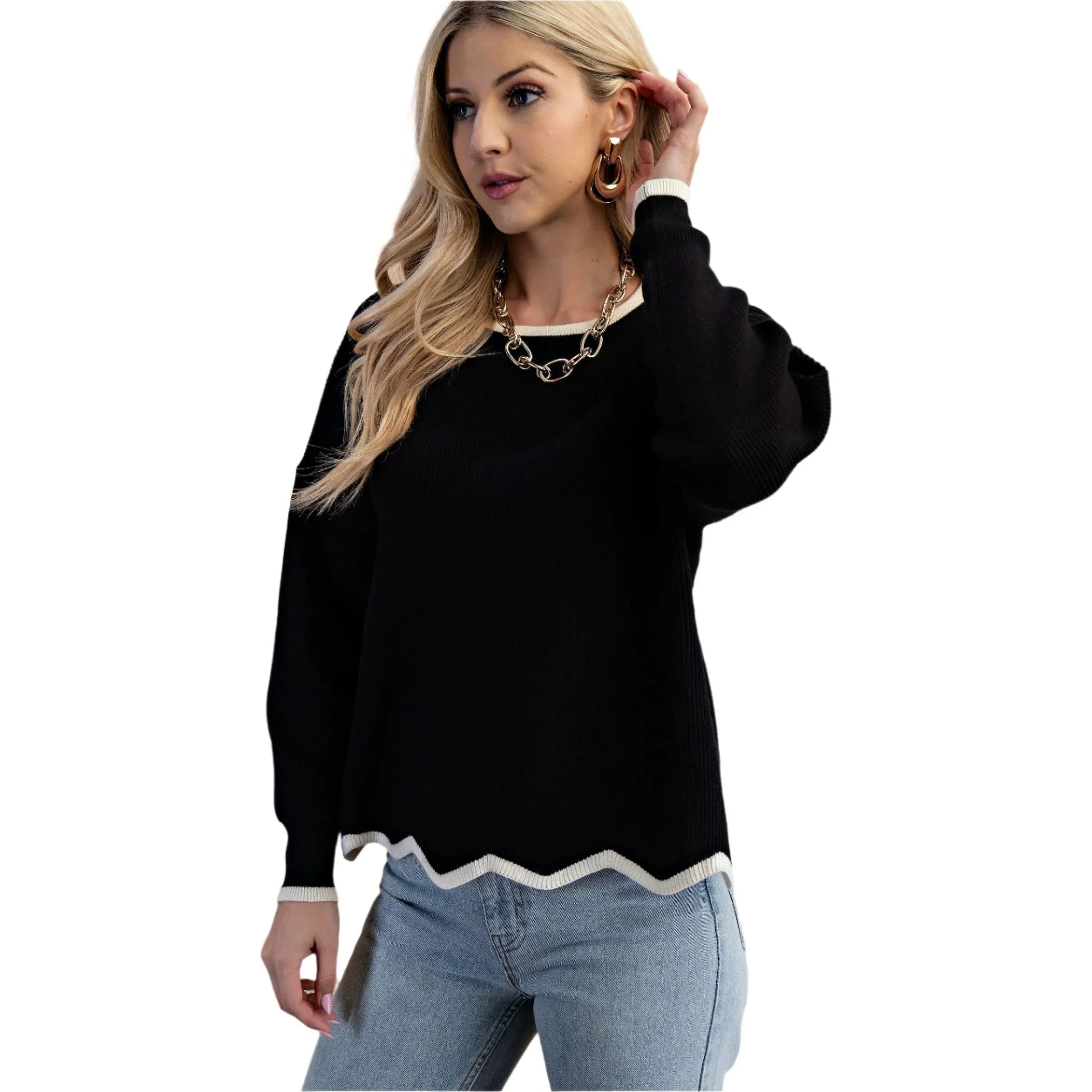 Women's Black and White Knit Sweater TE1330 - Crazy House Western Wear