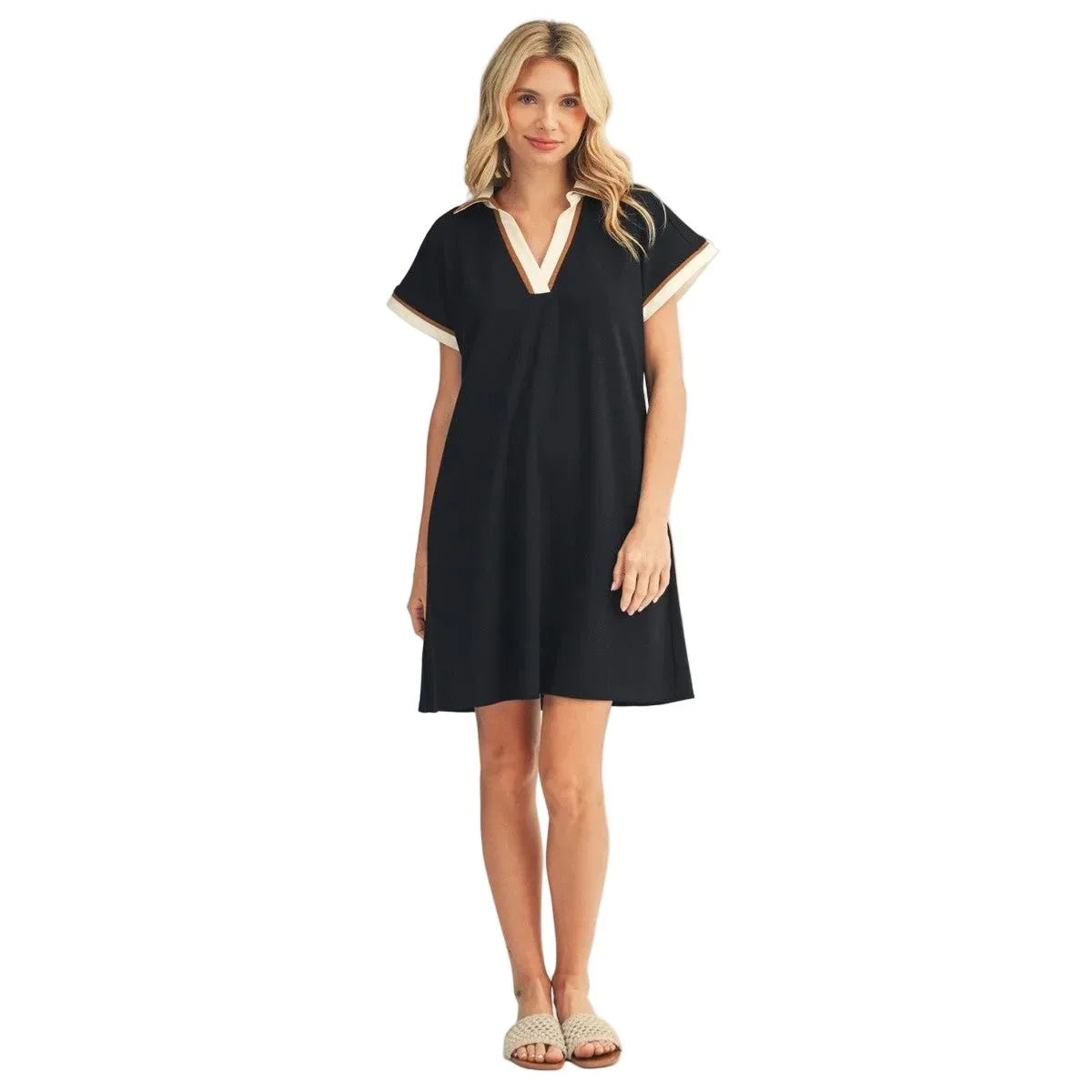 Women's Black Contrast Accent Solid Casual Dress M50814