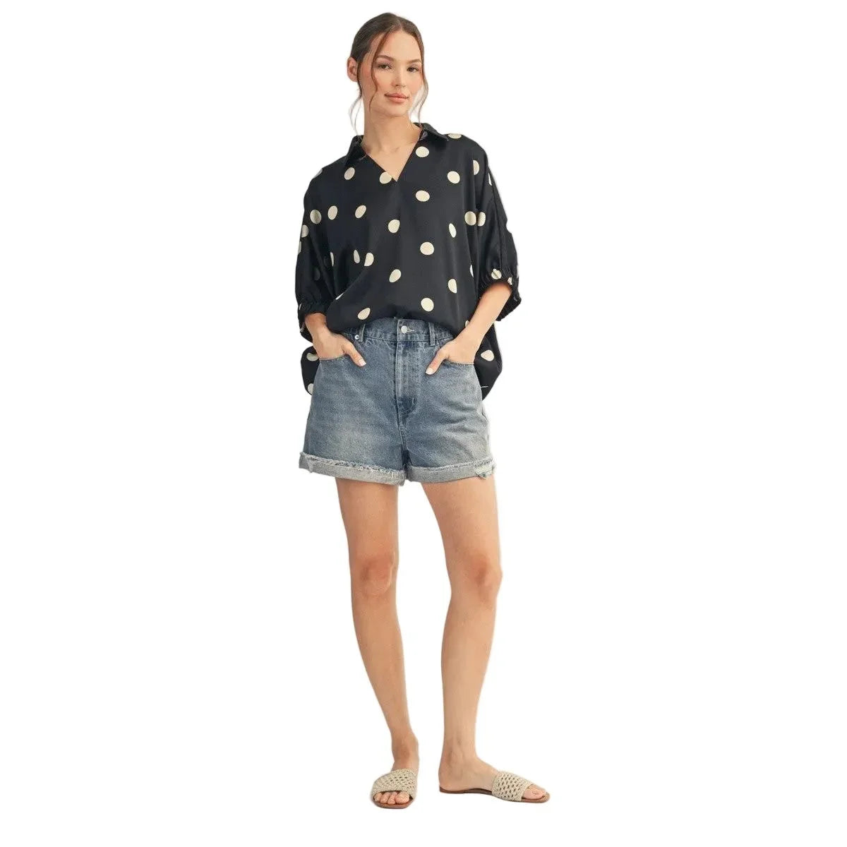Women's Black Polka Dot Satin Top G13482-7
