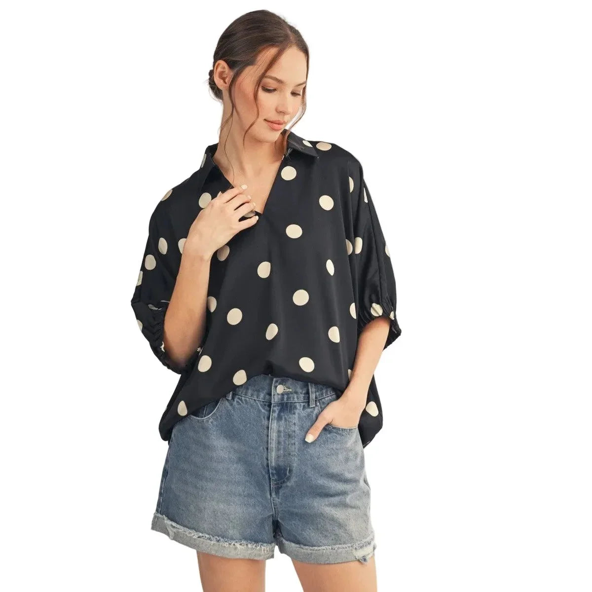 Women's Black Polka Dot Satin Top G13482-7