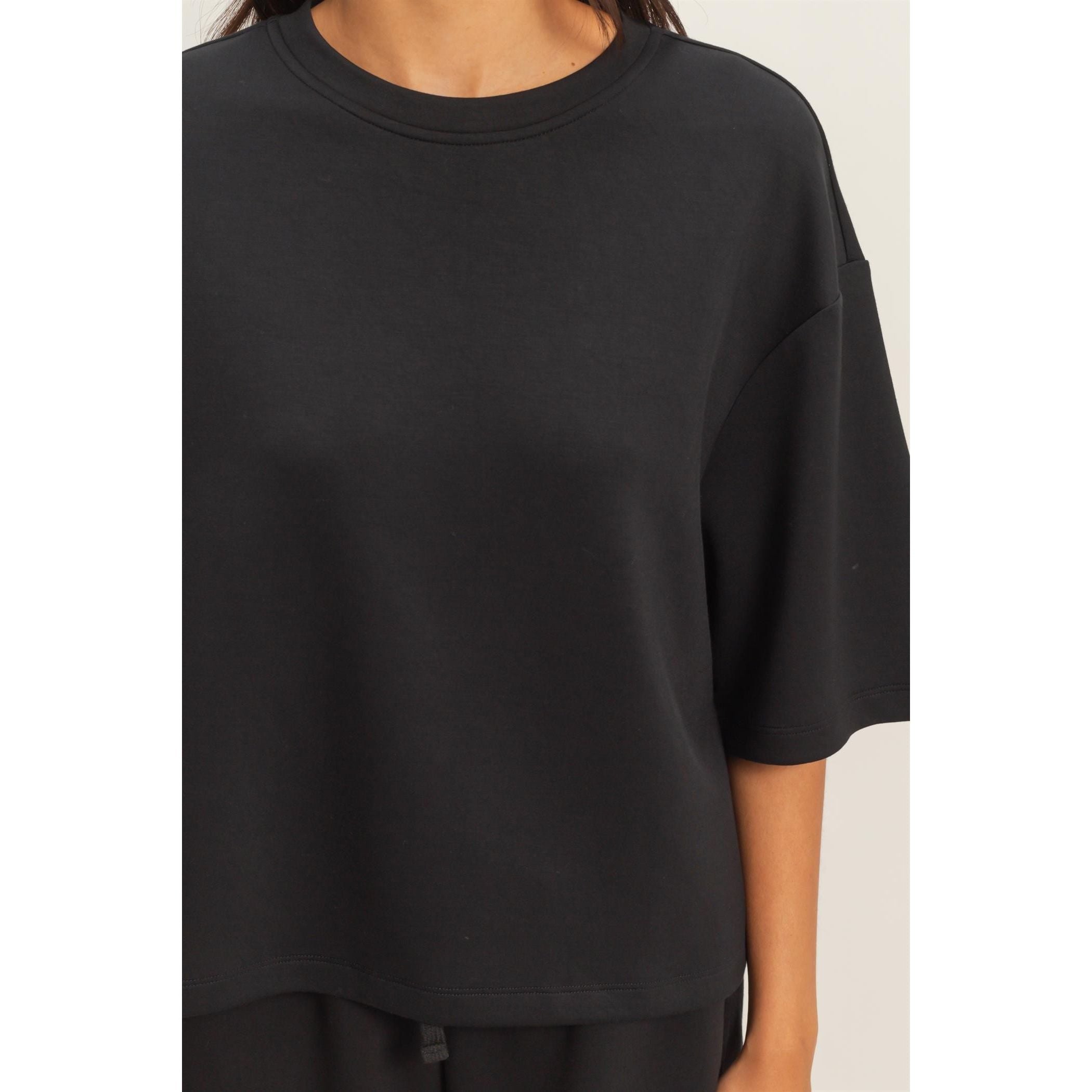 Women's Black Scuba Short Sleeve Boxy Top DZ26A271-BLK-WB