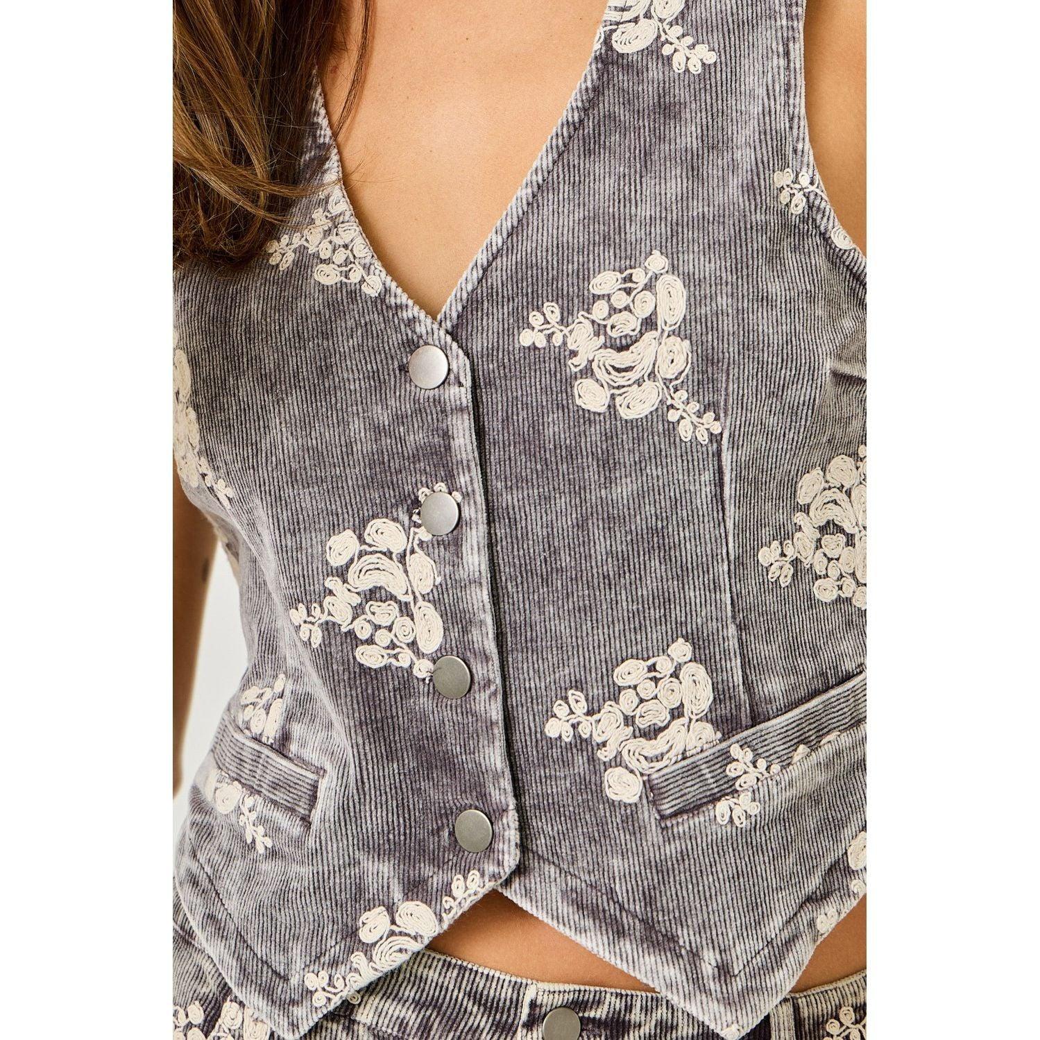 Women's Black Washed Embroidered Corduroy Vest