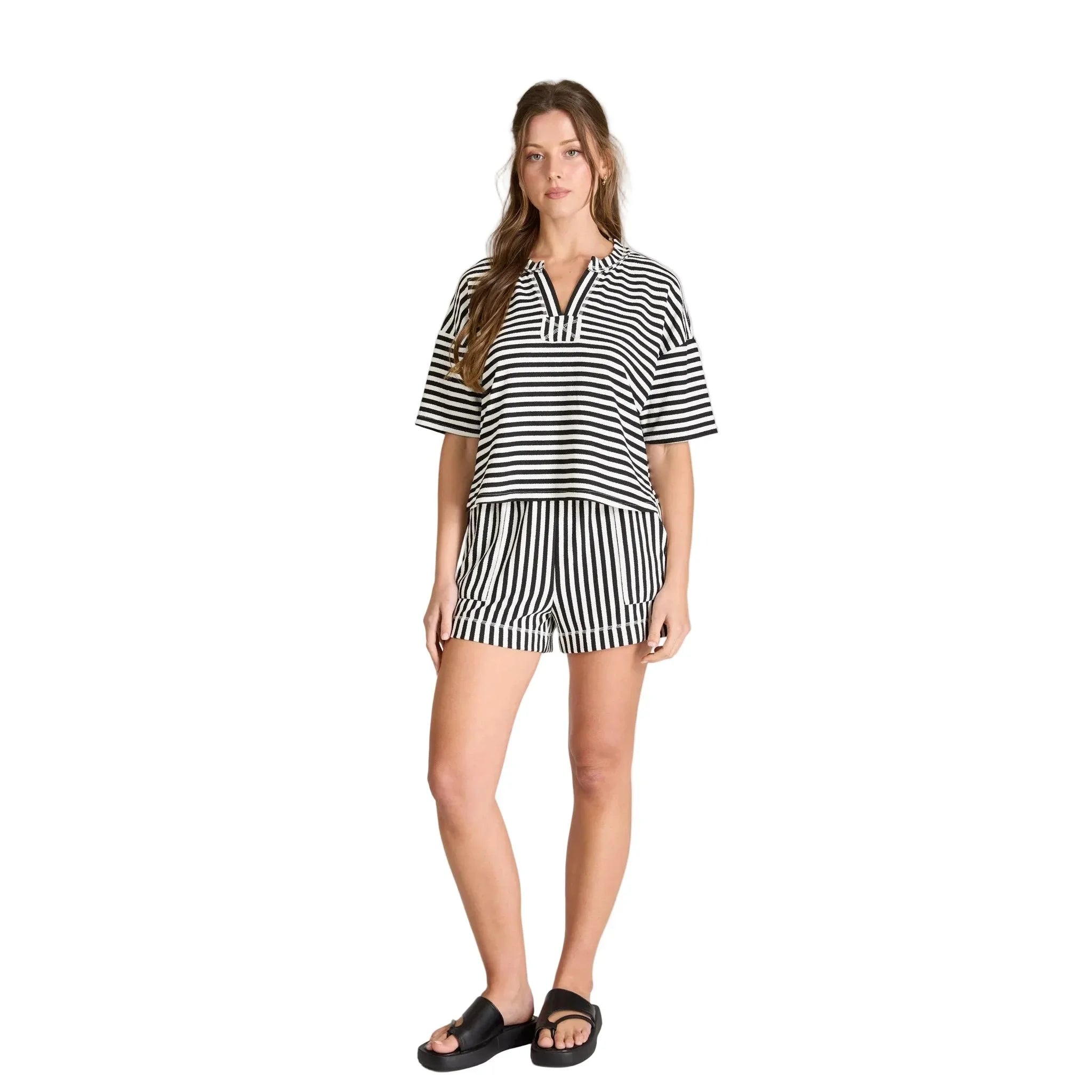 Women's Blu Pepper Black and White Stripe Short Sleeve Shirt B6SX1045-T
