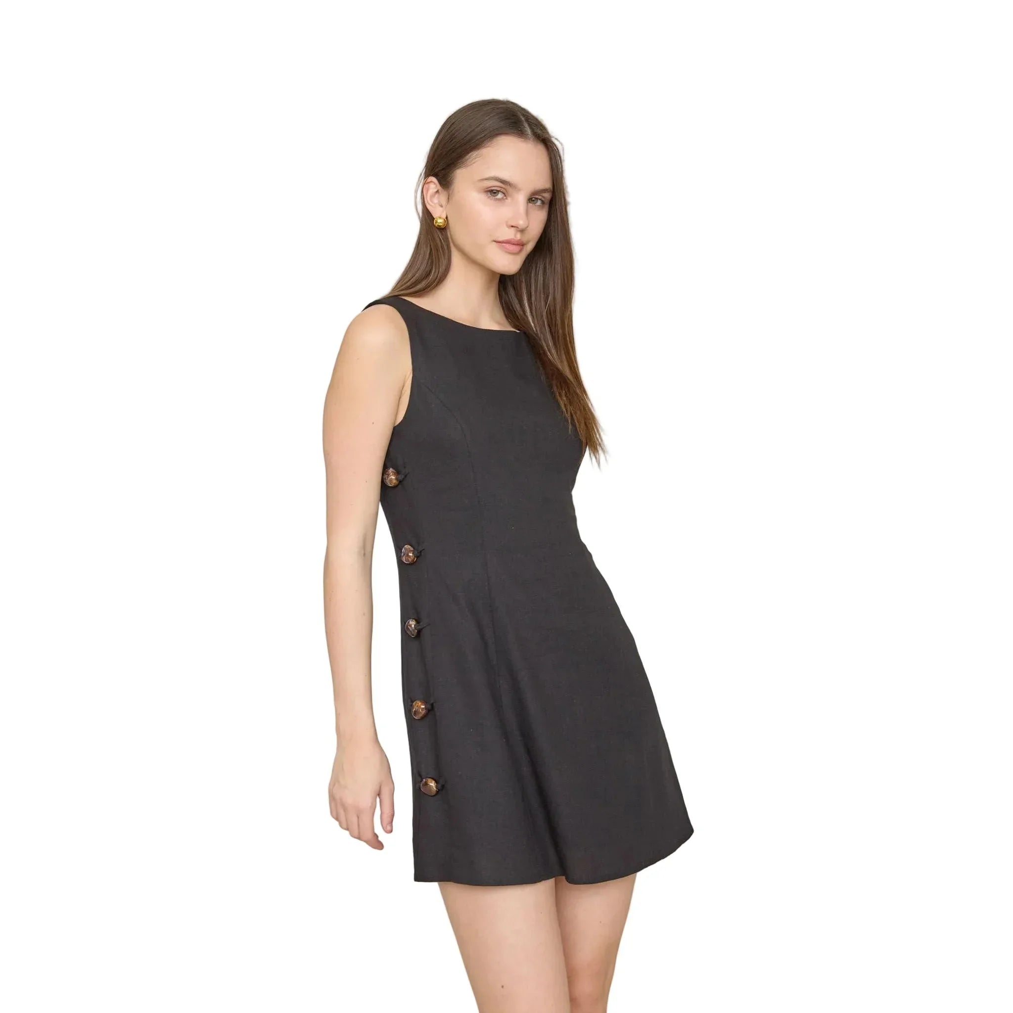 Women's Blu Pepper Black Side Bead Detail Sleeveless Linen Mini Dress TW2145