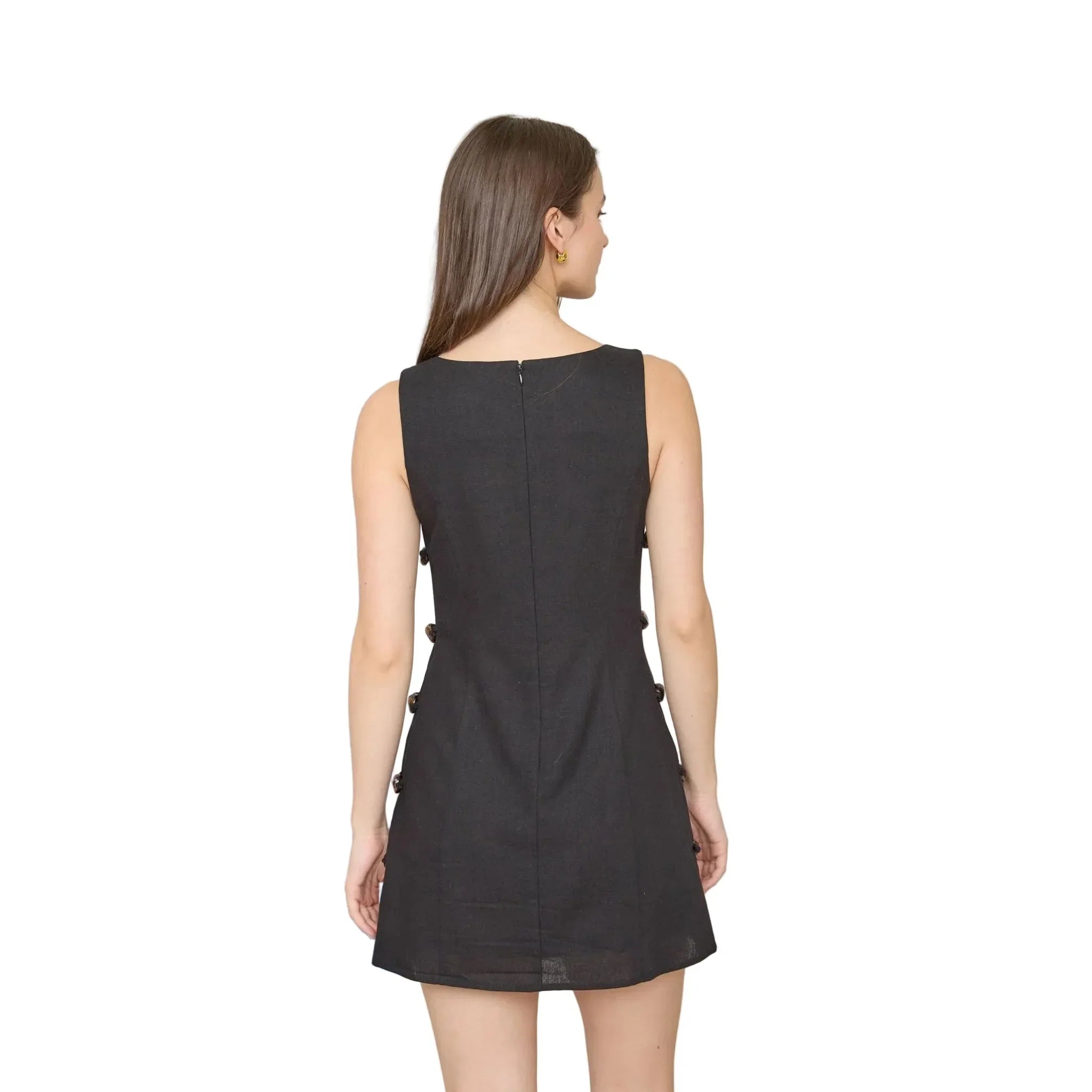 Women's Blu Pepper Black Side Bead Detail Sleeveless Linen Mini Dress TW2145