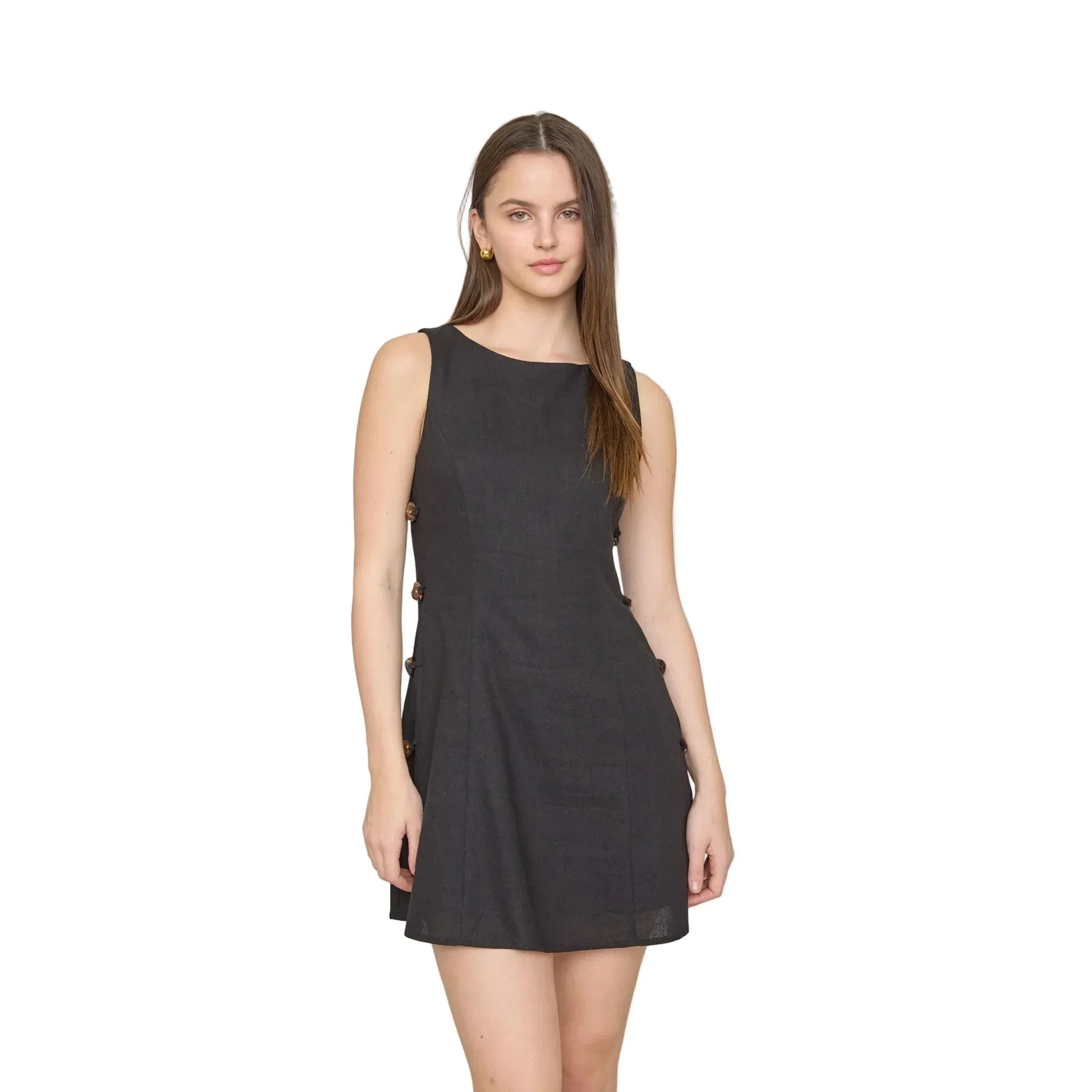 Women's Blu Pepper Black Side Bead Detail Sleeveless Linen Mini Dress TW2145