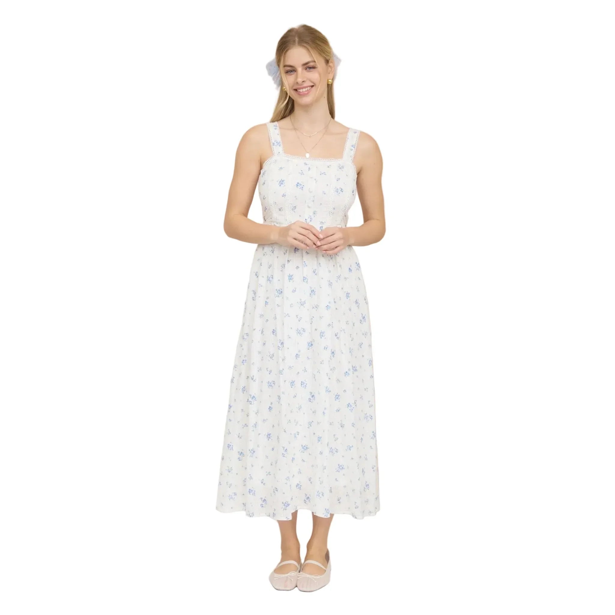 Women's Blu Pepper Blue and White Floral Stripe Clip Dot Sleeveless Maxi Dress CR2881