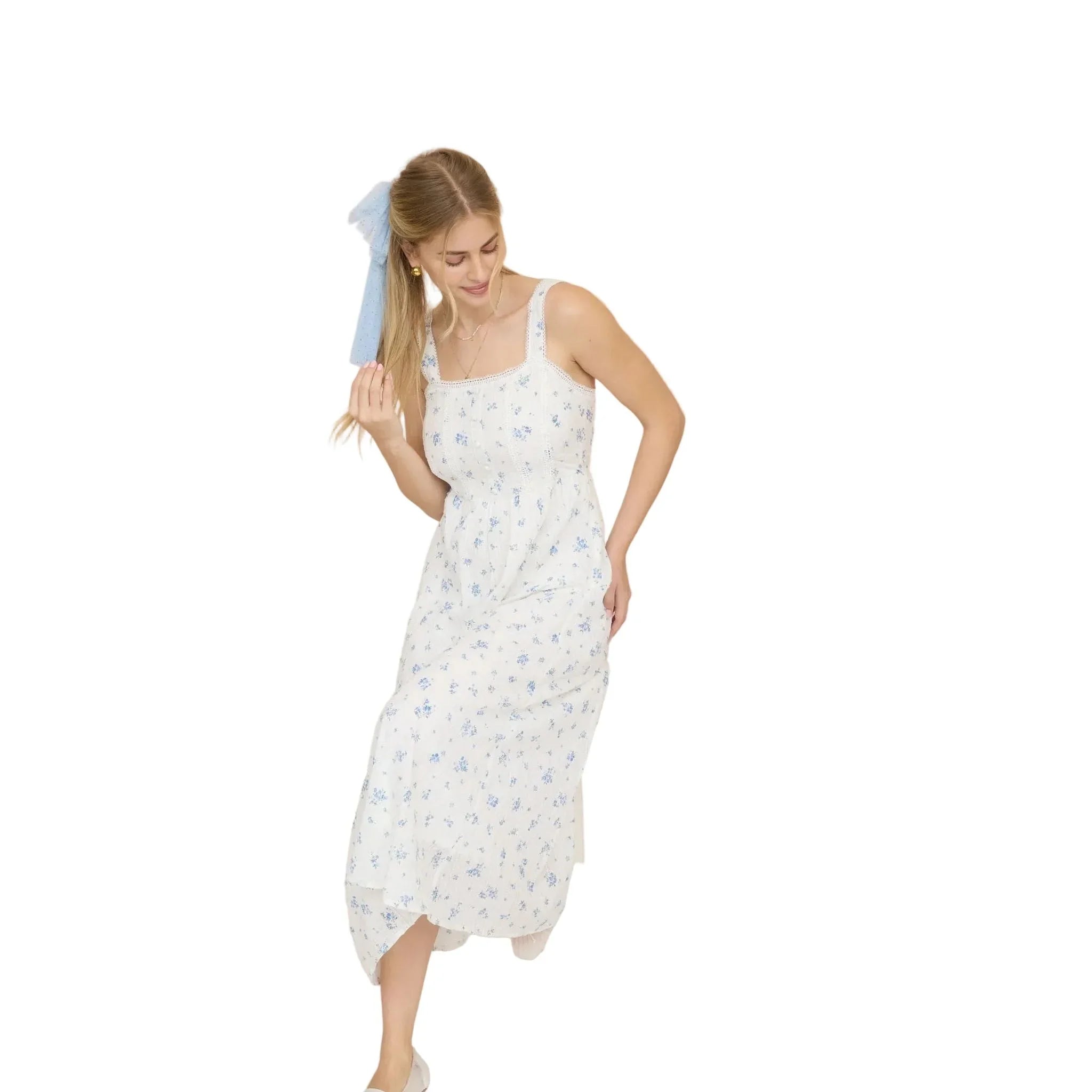 Women's Blu Pepper Blue and White Floral Stripe Clip Dot Sleeveless Maxi Dress CR2881