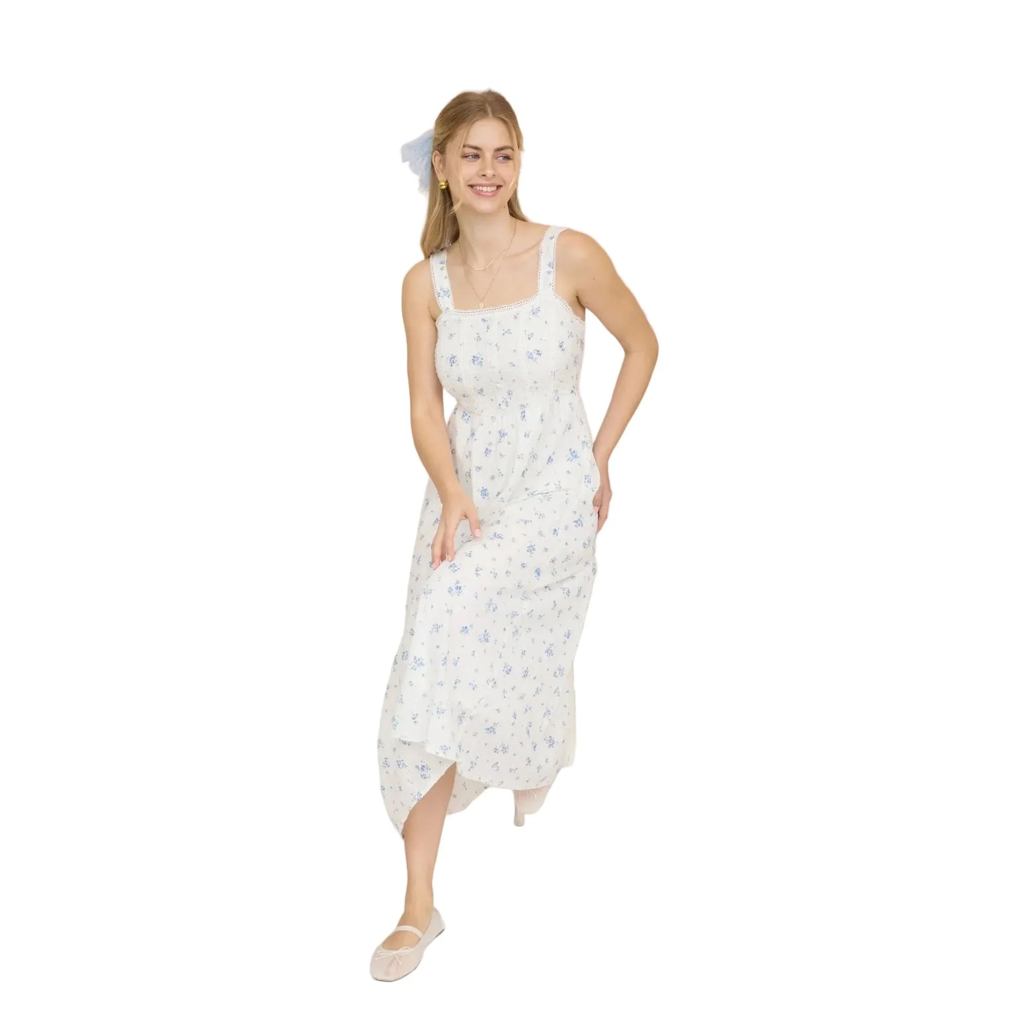 Women's Blu Pepper Blue and White Floral Stripe Clip Dot Sleeveless Maxi Dress CR2881