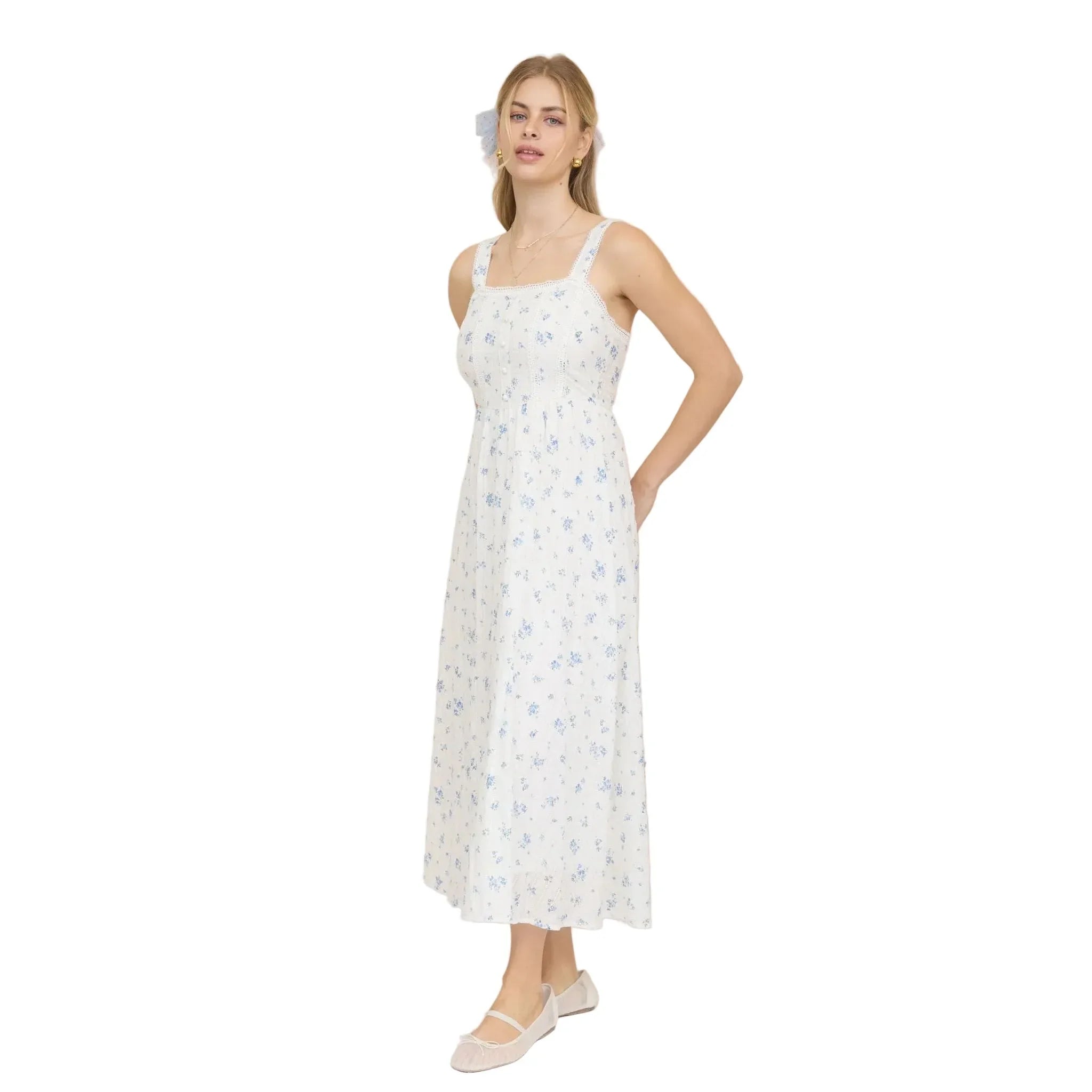 Women's Blu Pepper Blue and White Floral Stripe Clip Dot Sleeveless Maxi Dress CR2881