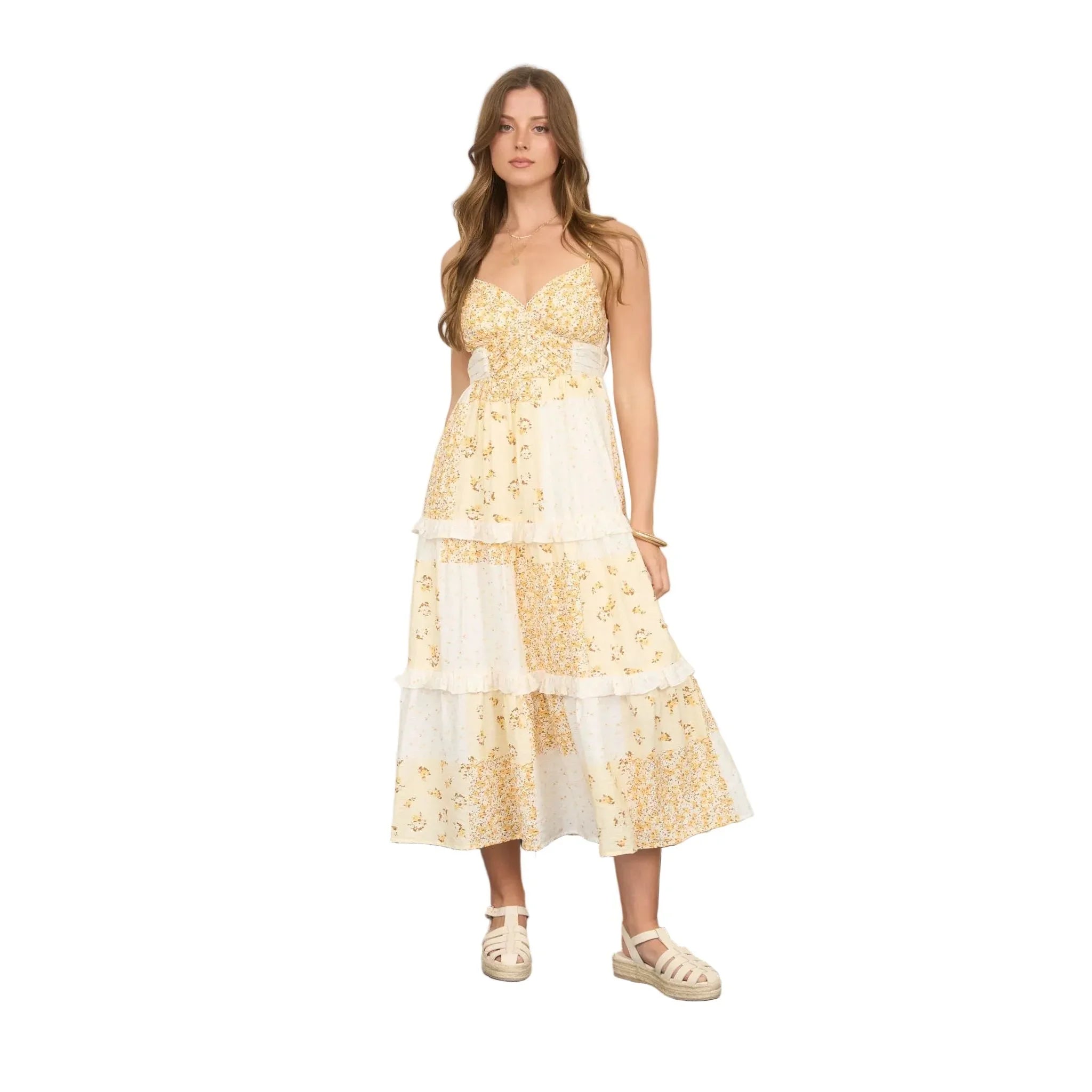 Women's Blu Pepper Butter Yellow Multi-checkered Pattern Spaghetti Strap Midi Dress CR2812-BY