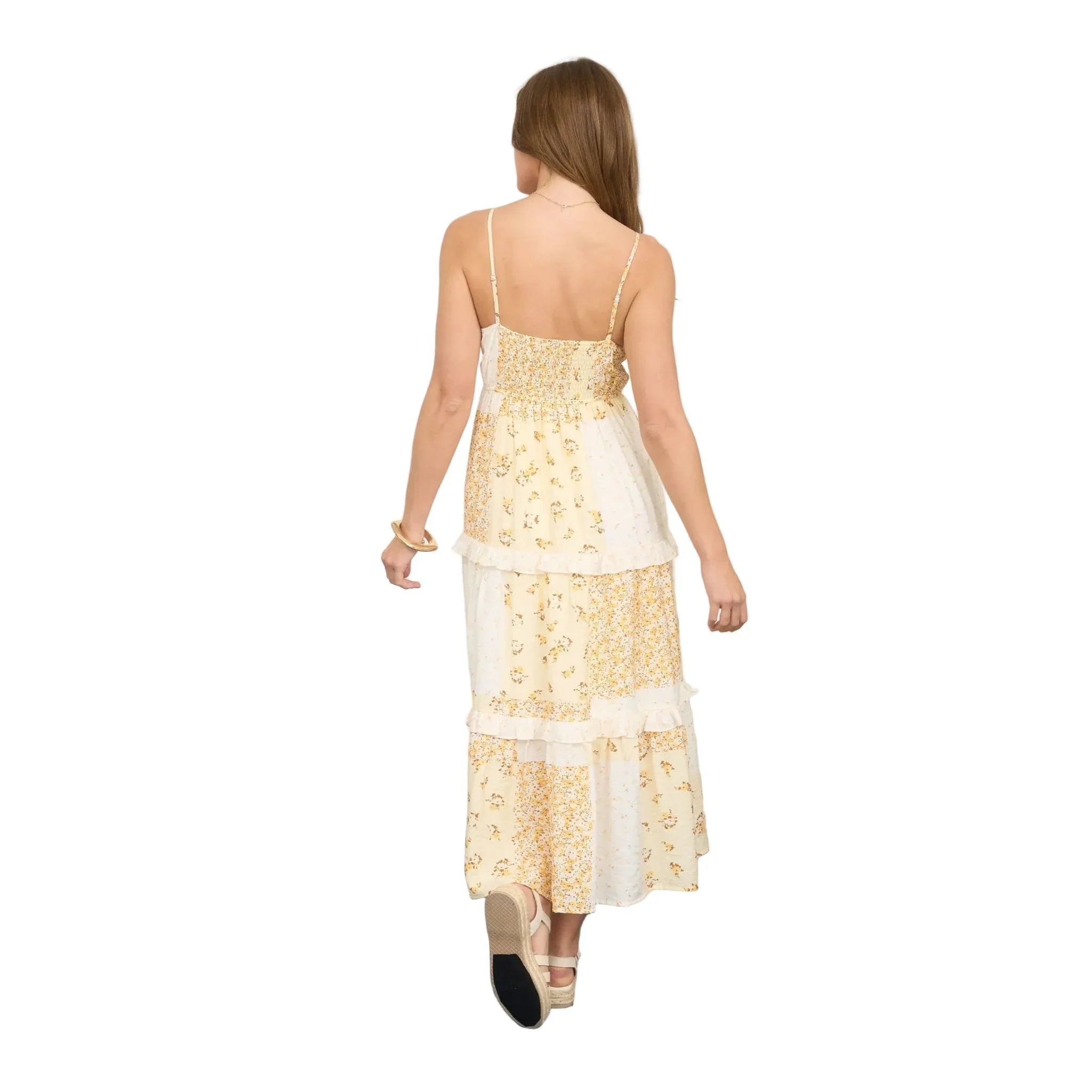 Women's Blu Pepper Butter Yellow Multi-checkered Pattern Spaghetti Strap Midi Dress CR2812-BY