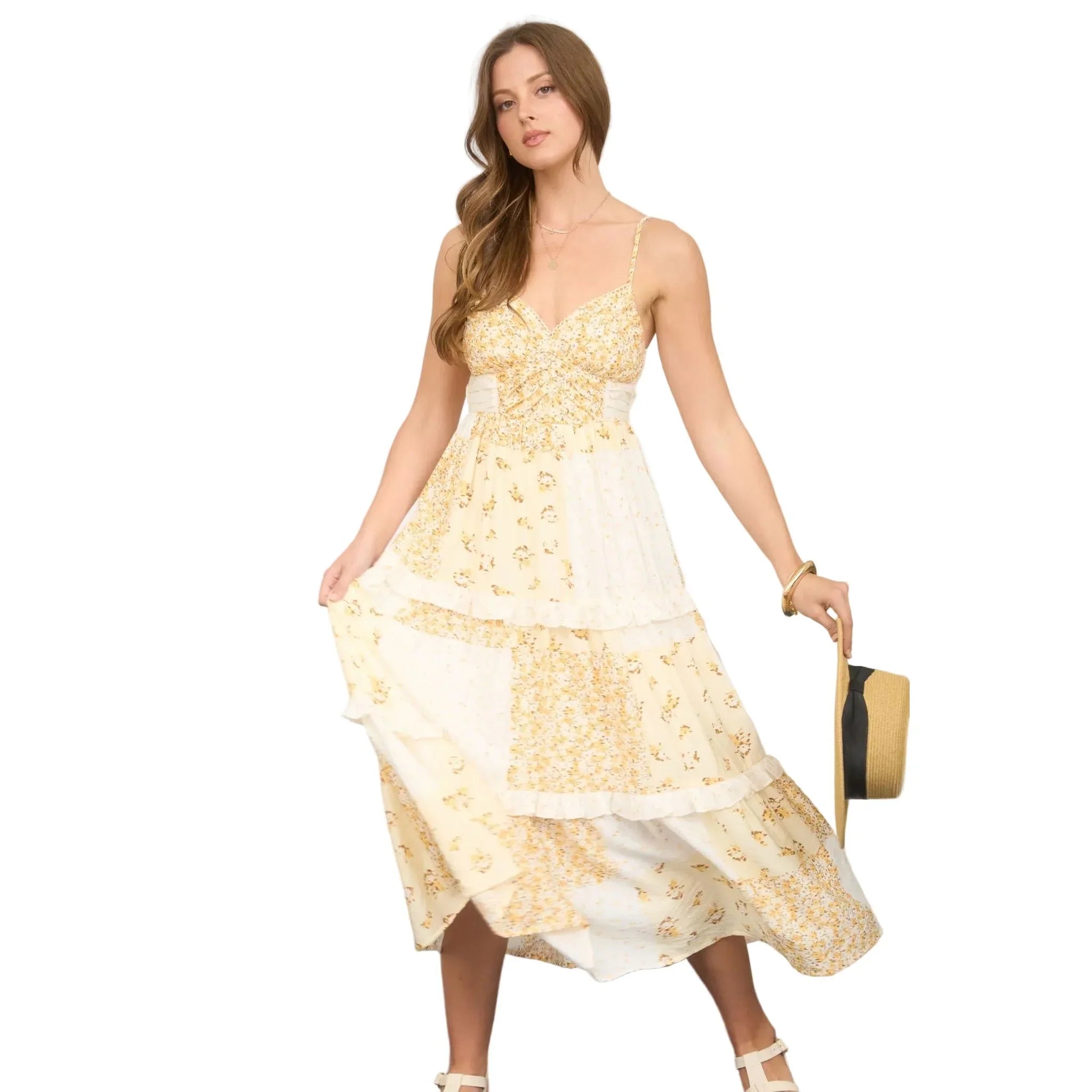 Women's Blu Pepper Butter Yellow Multi-checkered Pattern Spaghetti Strap Midi Dress CR2812-BY