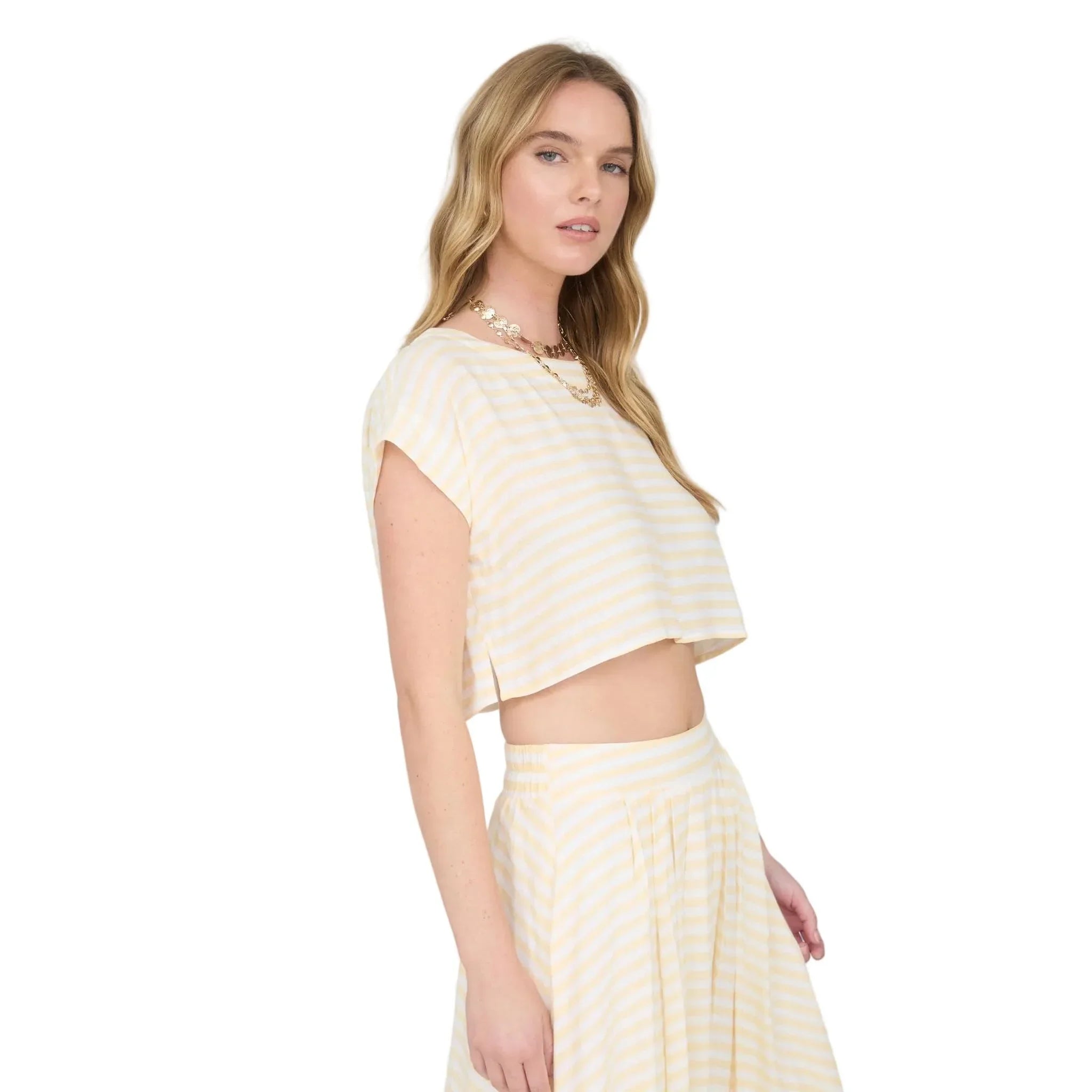 Women's Blu Pepper Butter Yellow Stripe Boat Neck Boxy Crop Top B5SX1001-T