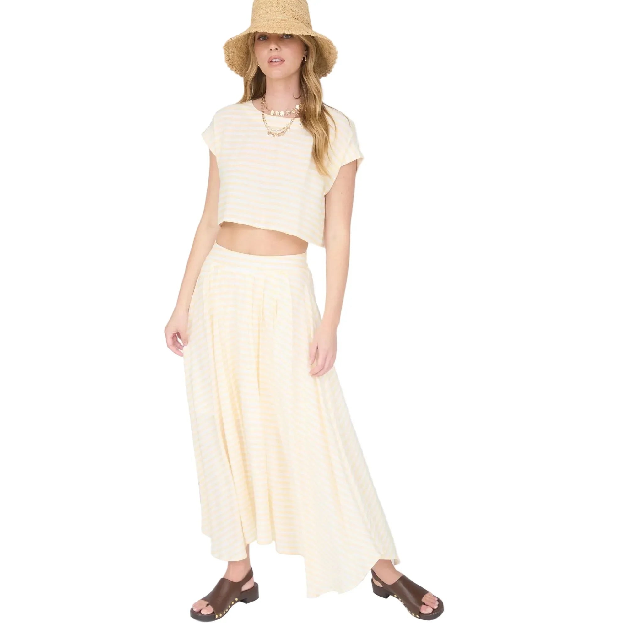Women's Blu Pepper Butter Yellow Stripe Boat Neck Boxy Crop Top B5SX1001-T