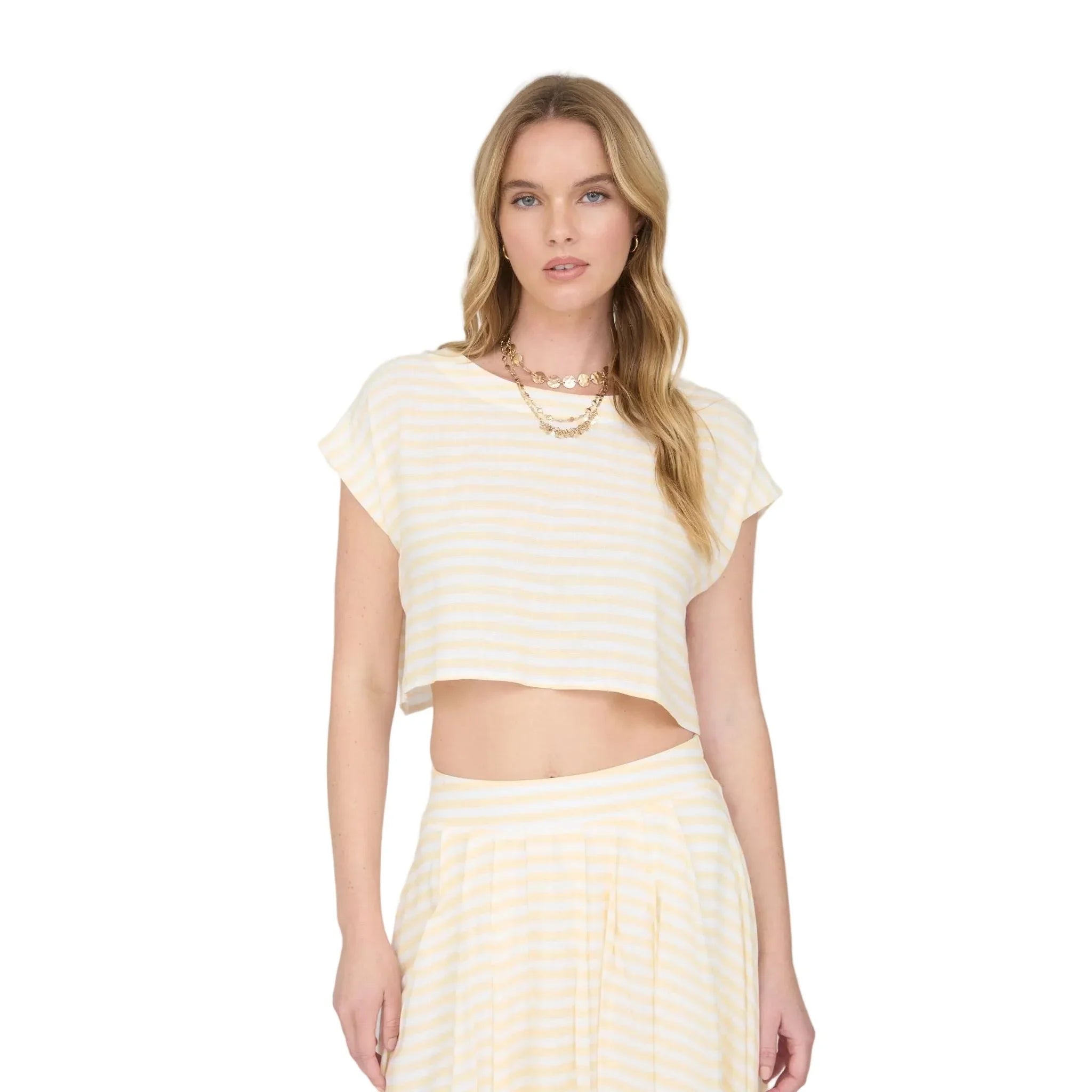 Women's Blu Pepper Butter Yellow Stripe Boat Neck Boxy Crop Top B5SX1001-T