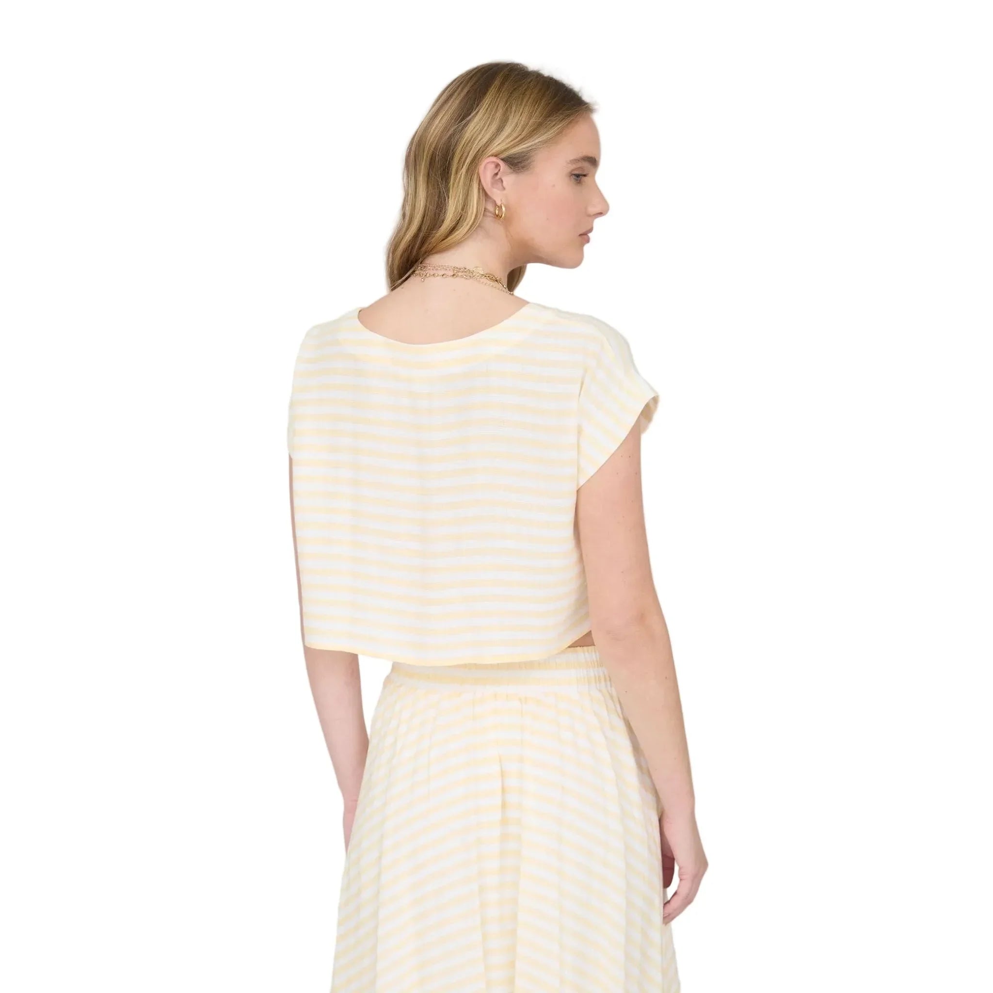 Women's Blu Pepper Butter Yellow Stripe Boat Neck Boxy Crop Top B5SX1001-T
