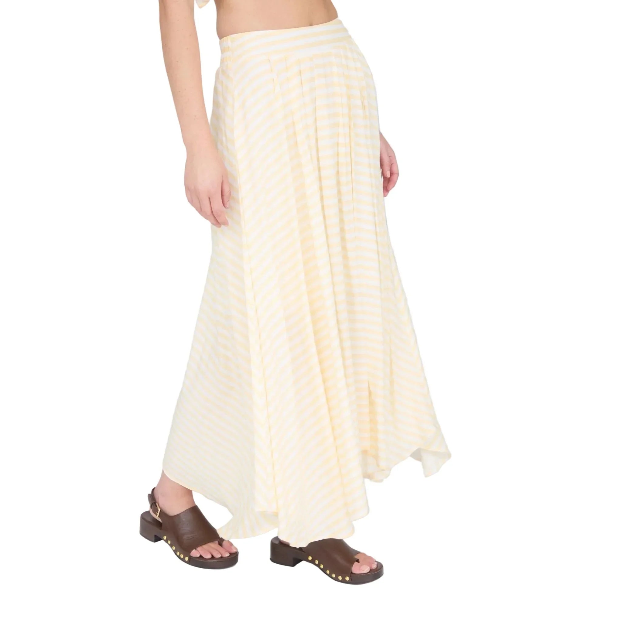 Women's Blu Pepper Butter Yellow Stripe High Waist Pleated Midi Skirt B5SX1001-B