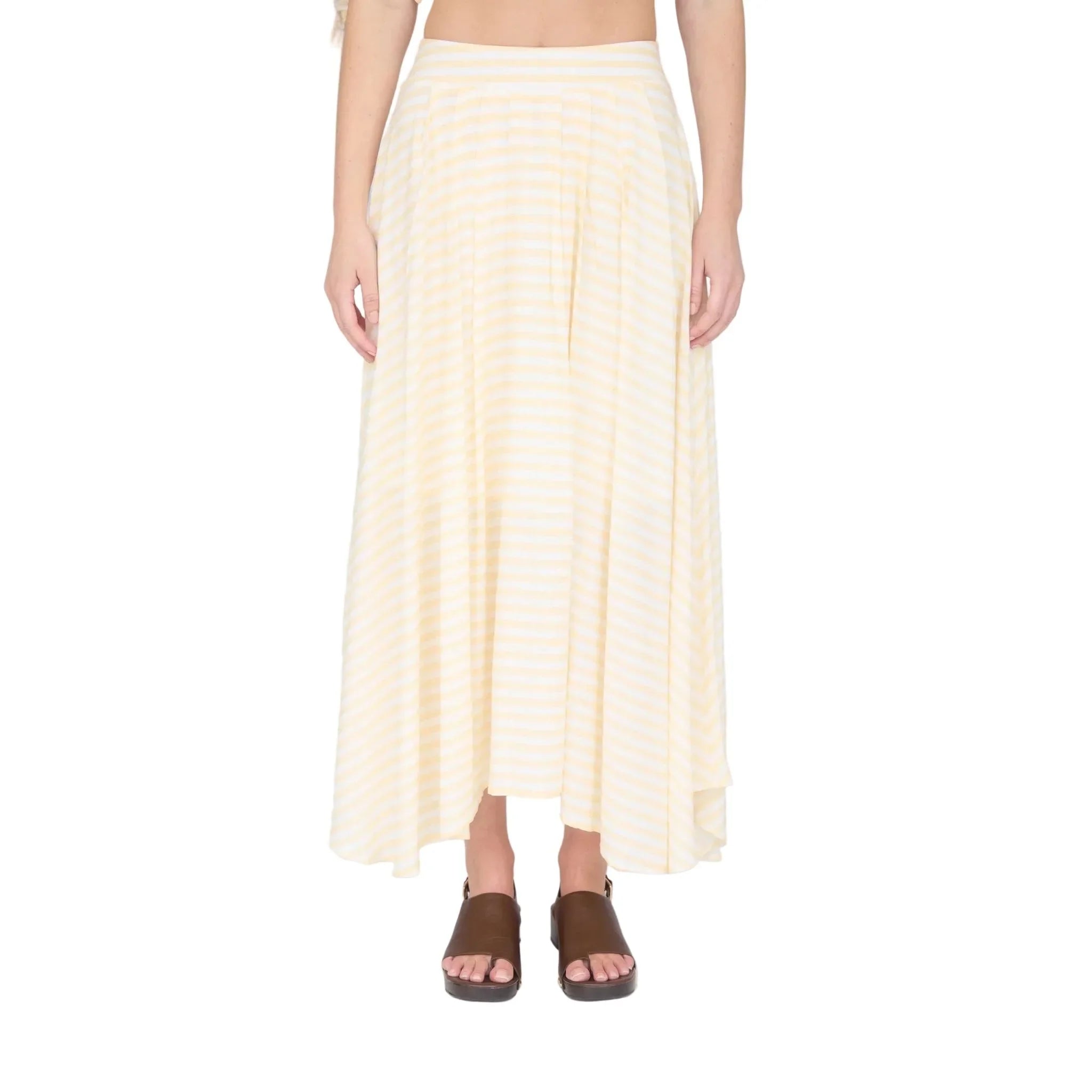 Women's Blu Pepper Butter Yellow Stripe High Waist Pleated Midi Skirt B5SX1001-B