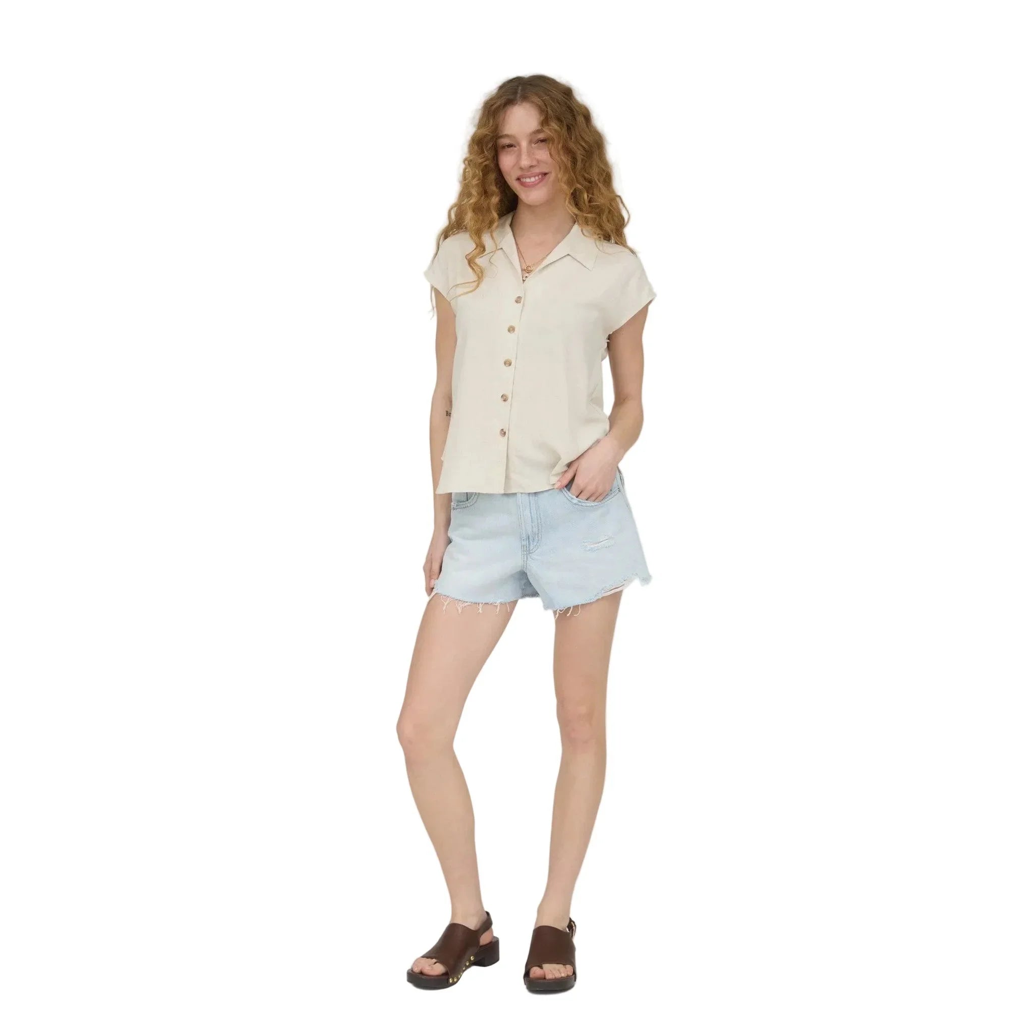 Women's Blu Pepper Collared Button Down Short Sleeve Linen Shirt CR2970