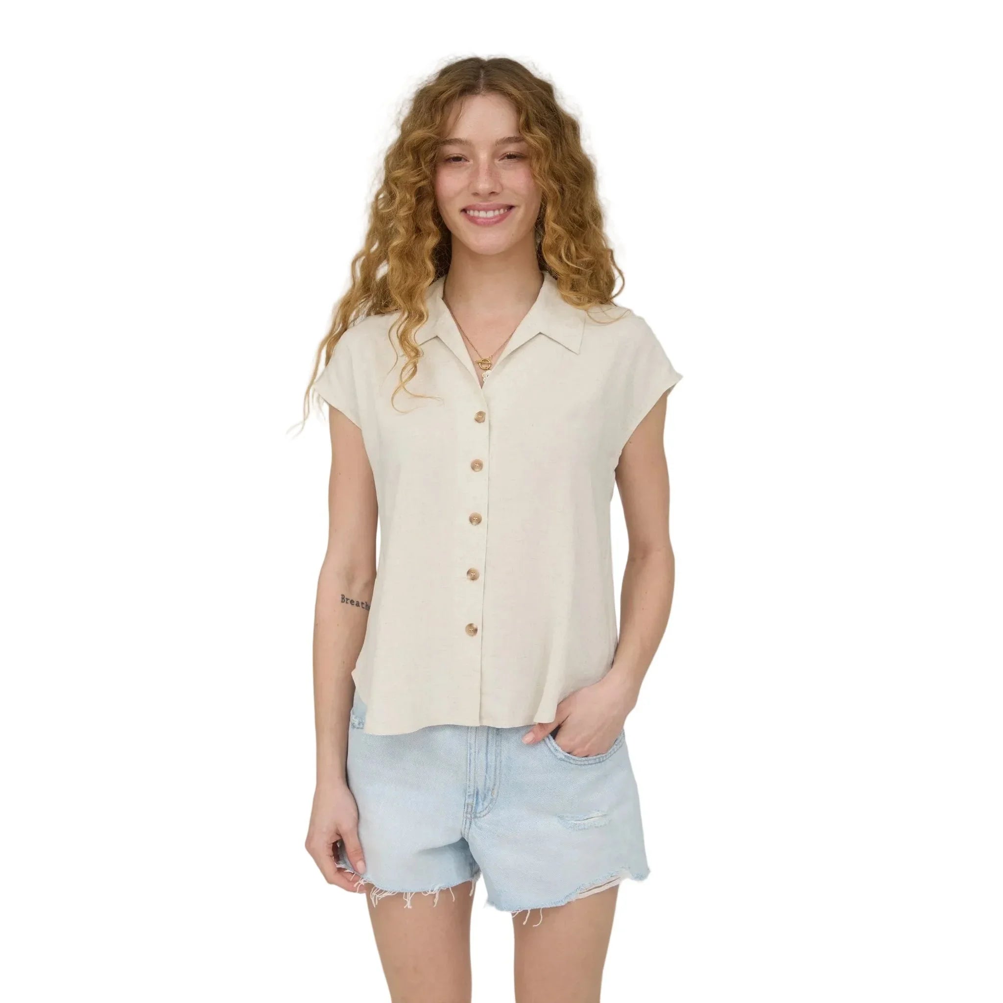 Women's Blu Pepper Collared Button Down Short Sleeve Linen Shirt CR2970
