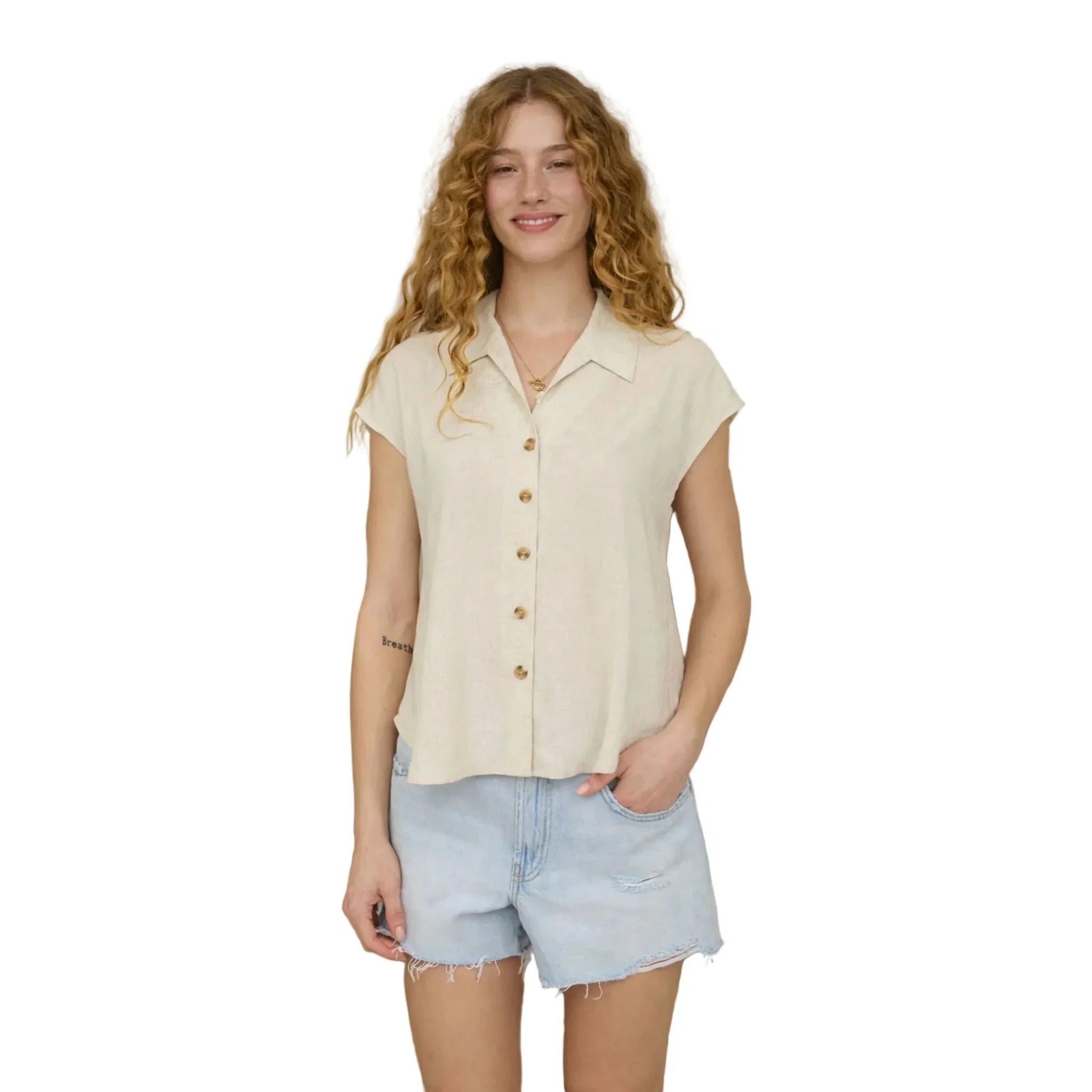 Women's Blu Pepper Collared Button Down Short Sleeve Linen Shirt CR2970