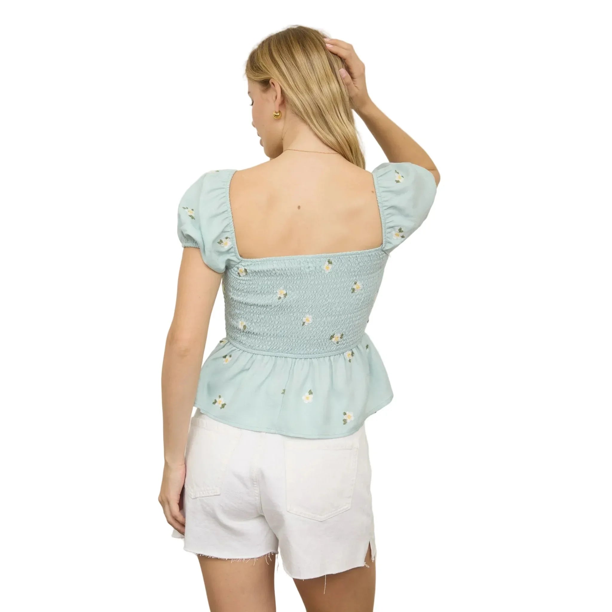 Women's Blu Pepper Floral Embroidery Puff Sleeve Smocked Top CR2792