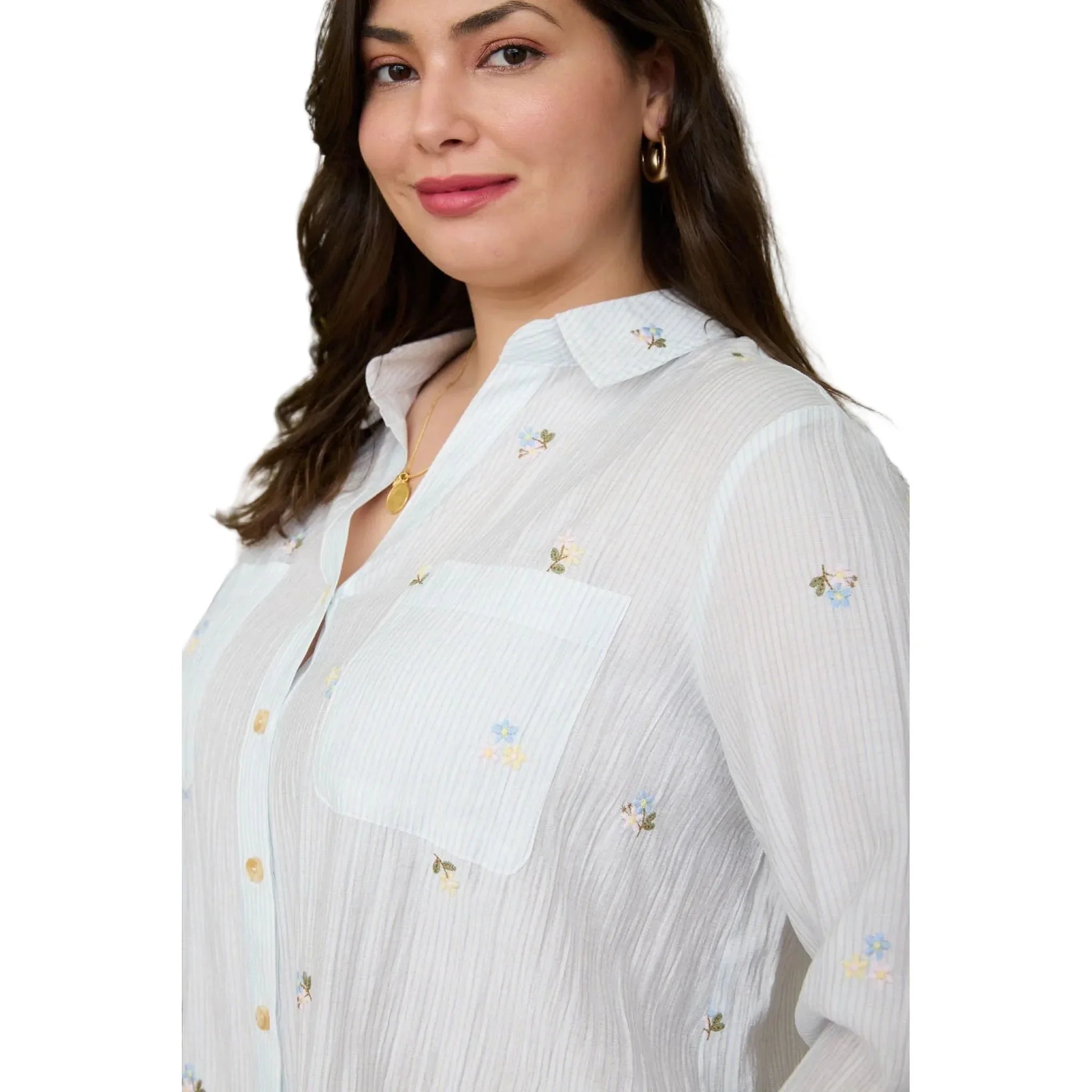 Women's Blu Pepper Light Blue Stripe Floral Embroidery Long Sleeve Top CR2784