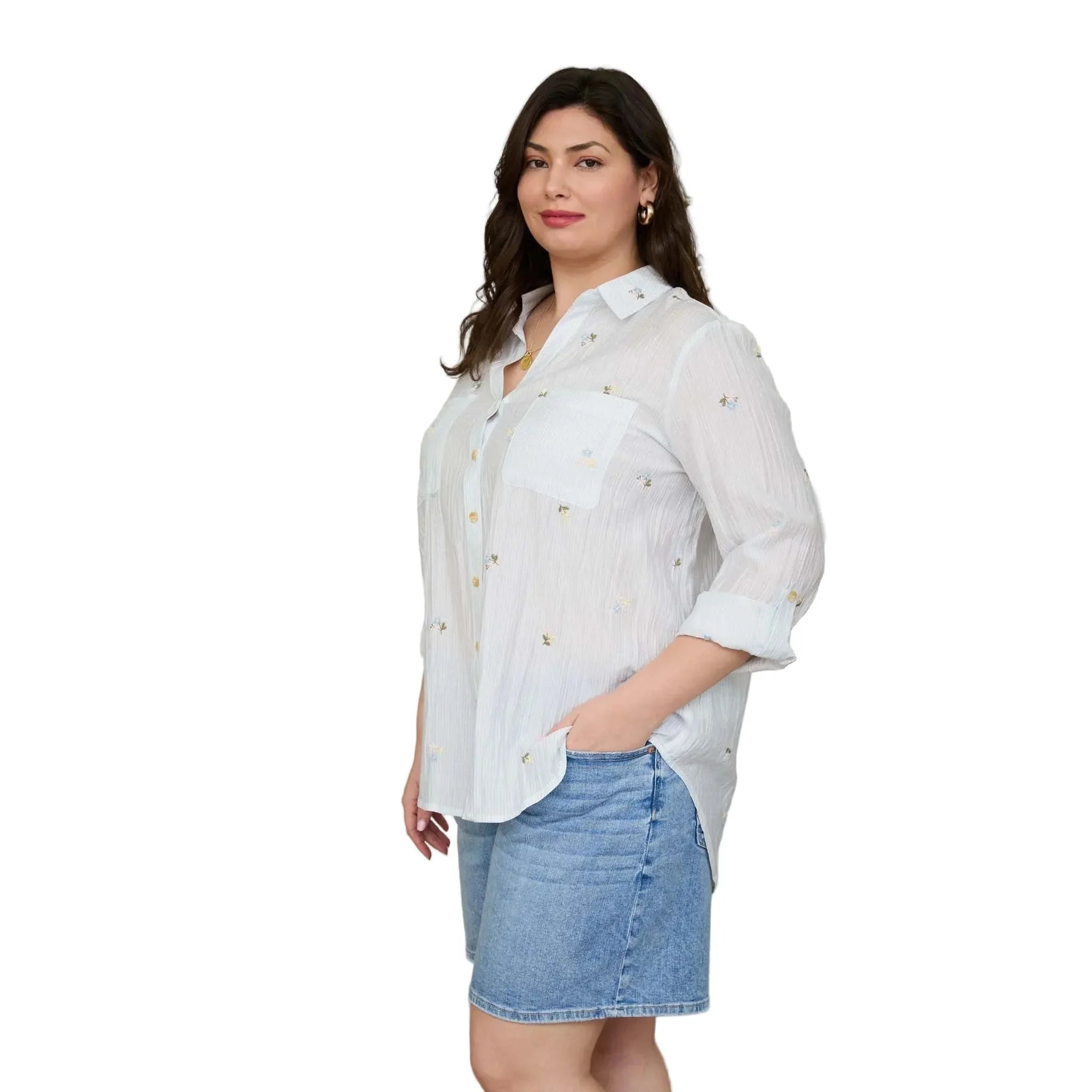 Women's Blu Pepper Light Blue Stripe Floral Embroidery Long Sleeve Top CR2784