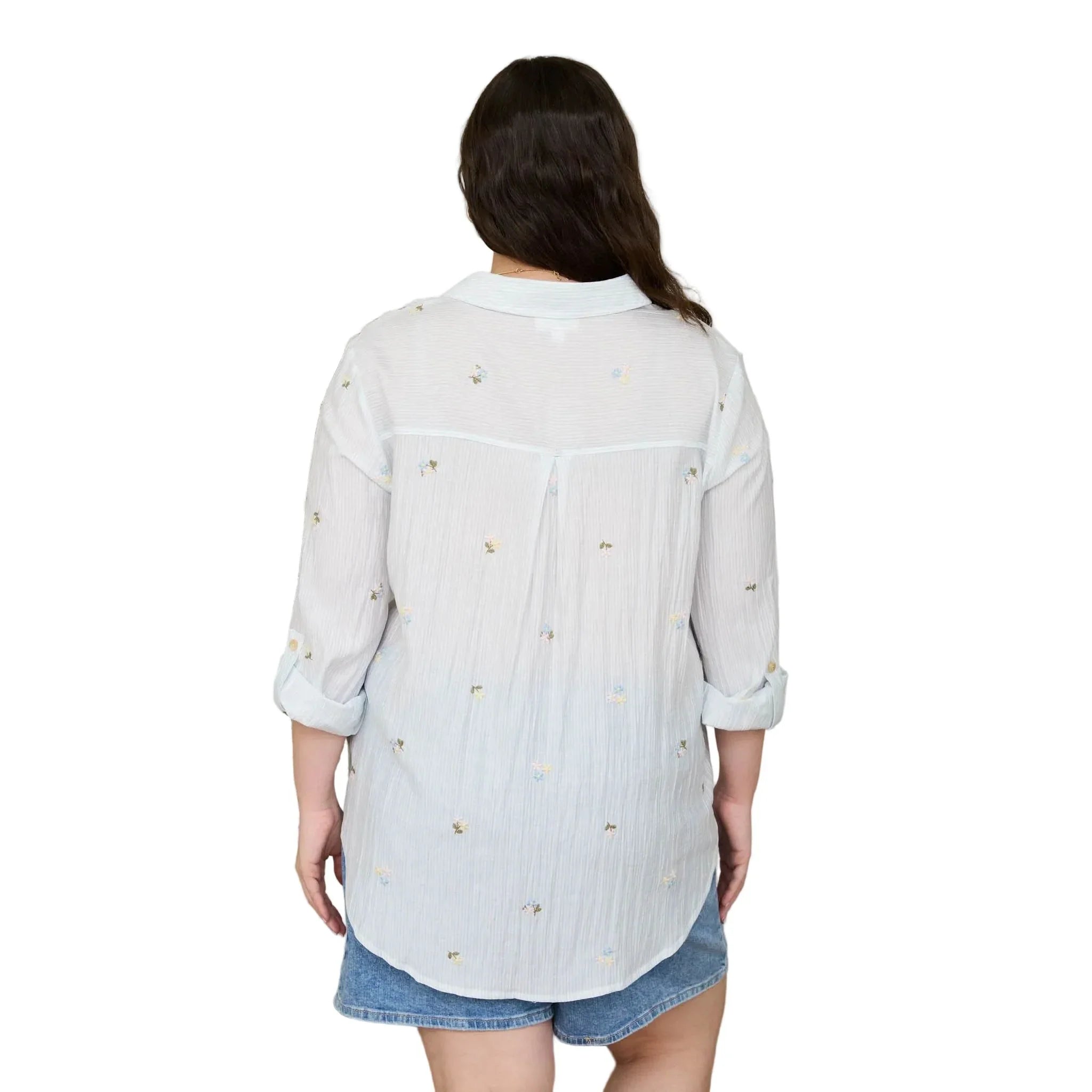 Women's Blu Pepper Light Blue Stripe Floral Embroidery Long Sleeve Top CR2784