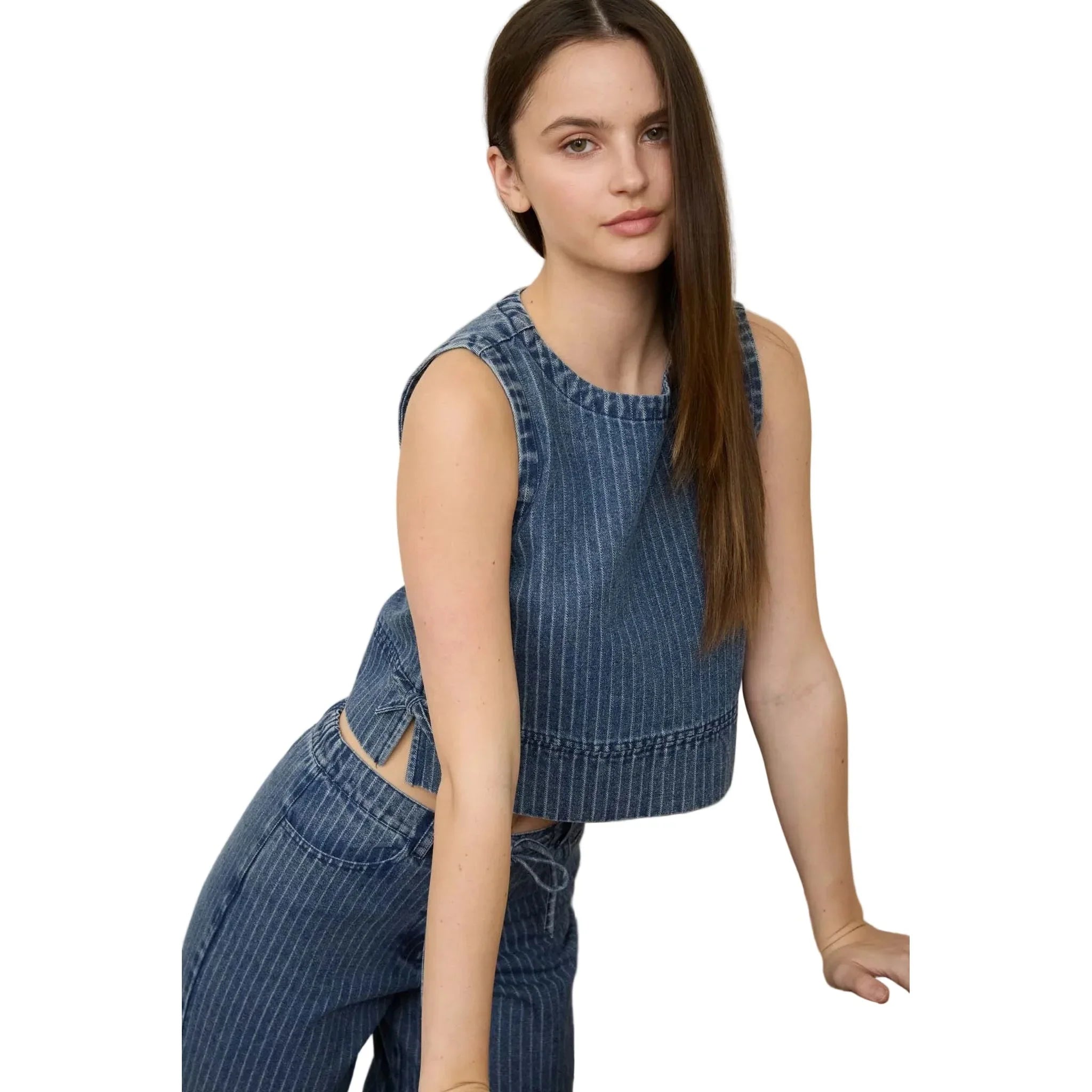 Women's Blu Pepper Striped Washed Denim Sleeveless Side Tie Crop Top TW2137-T