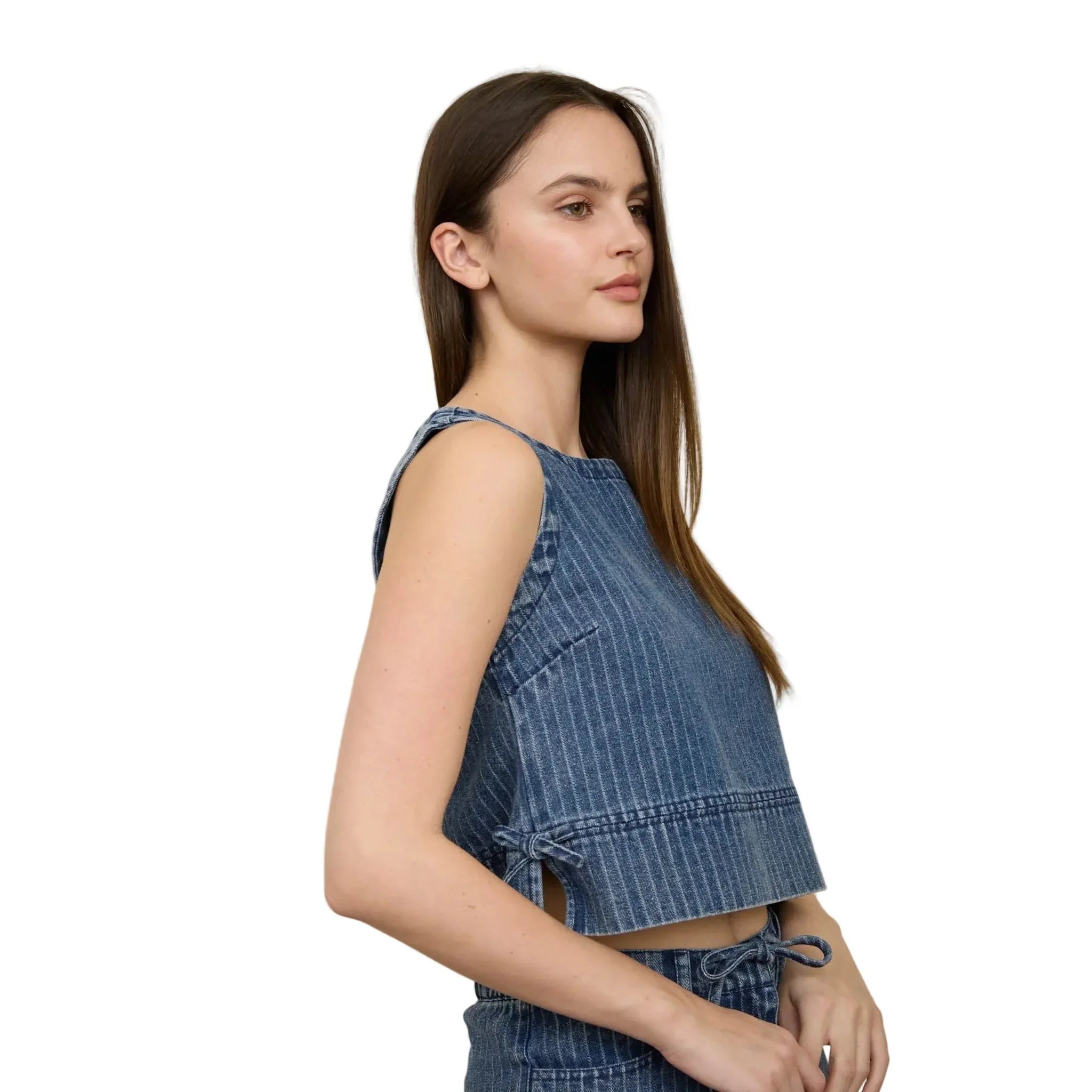 Women's Blu Pepper Striped Washed Denim Sleeveless Side Tie Crop Top TW2137-T