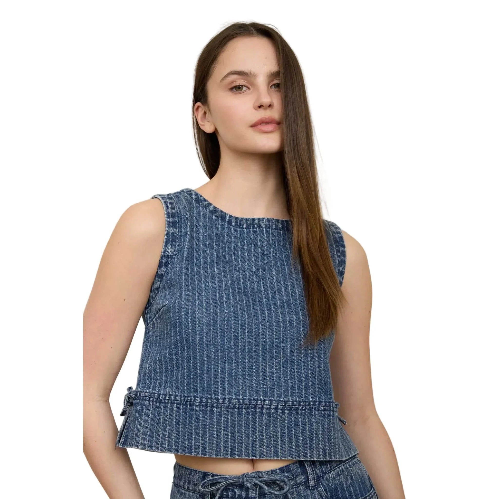 Women's Blu Pepper Striped Washed Denim Sleeveless Side Tie Crop Top TW2137-T