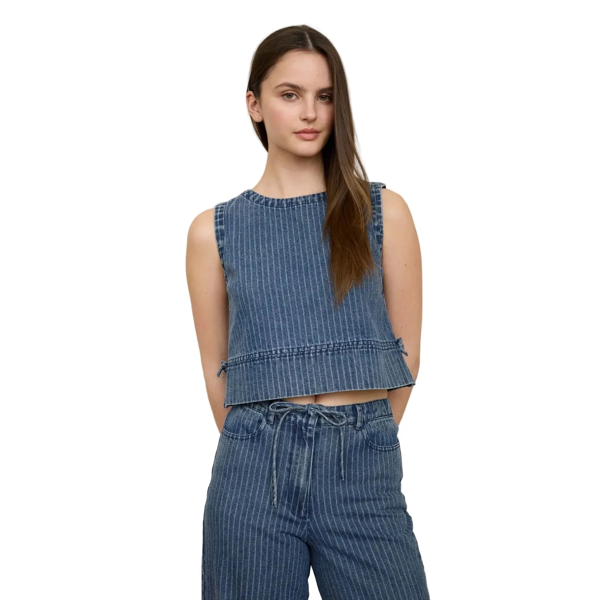 Women's Blu Pepper Striped Washed Denim Sleeveless Side Tie Crop Top TW2137-T