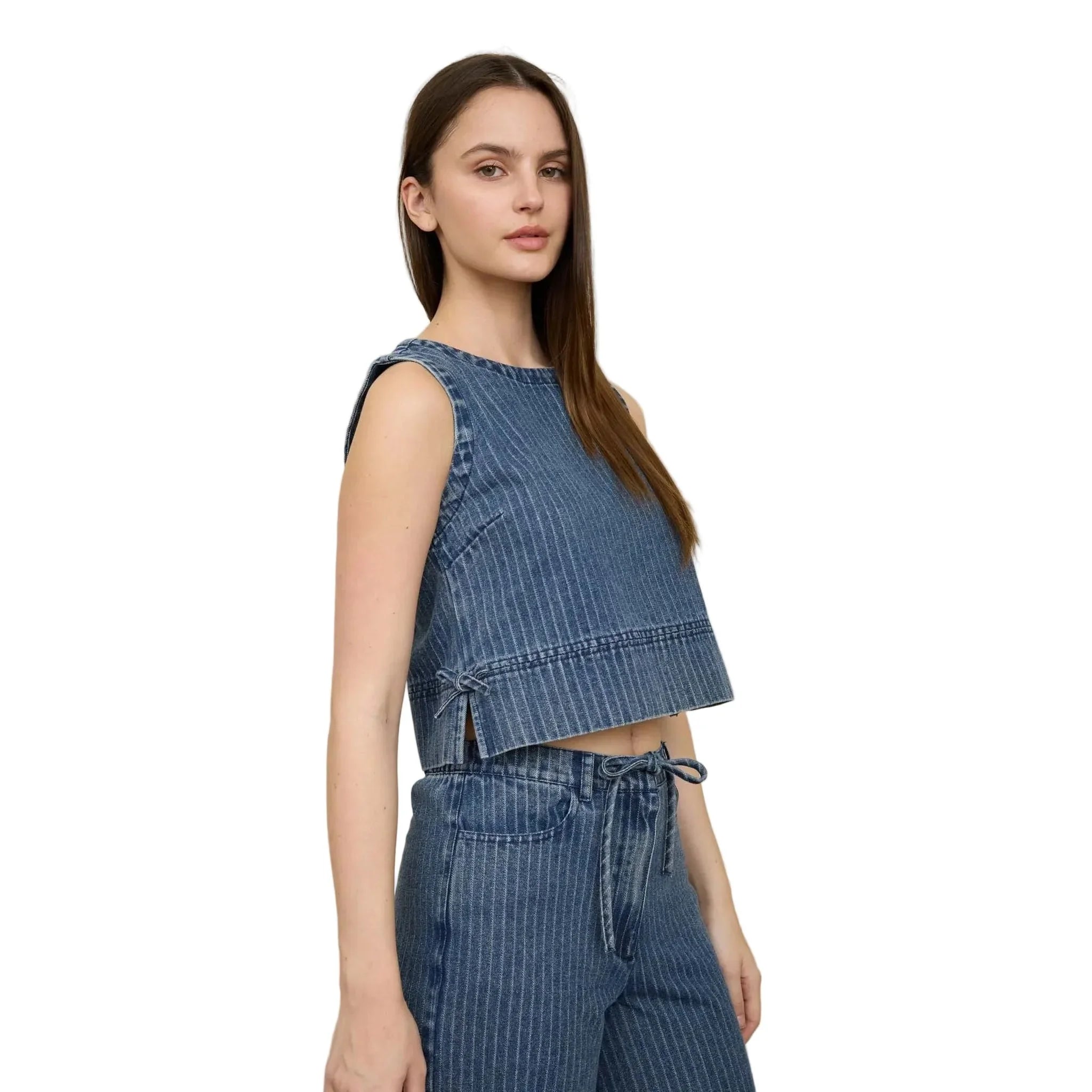 Women's Blu Pepper Striped Washed Denim Sleeveless Side Tie Crop Top TW2137-T