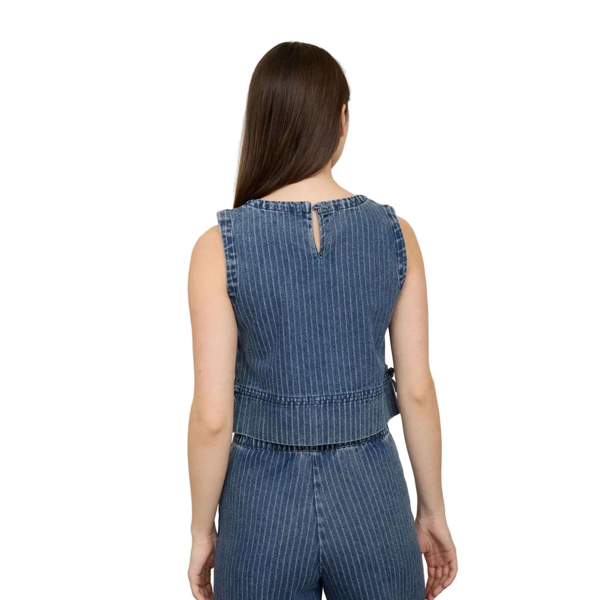 Women's Blu Pepper Striped Washed Denim Sleeveless Side Tie Crop Top TW2137-T