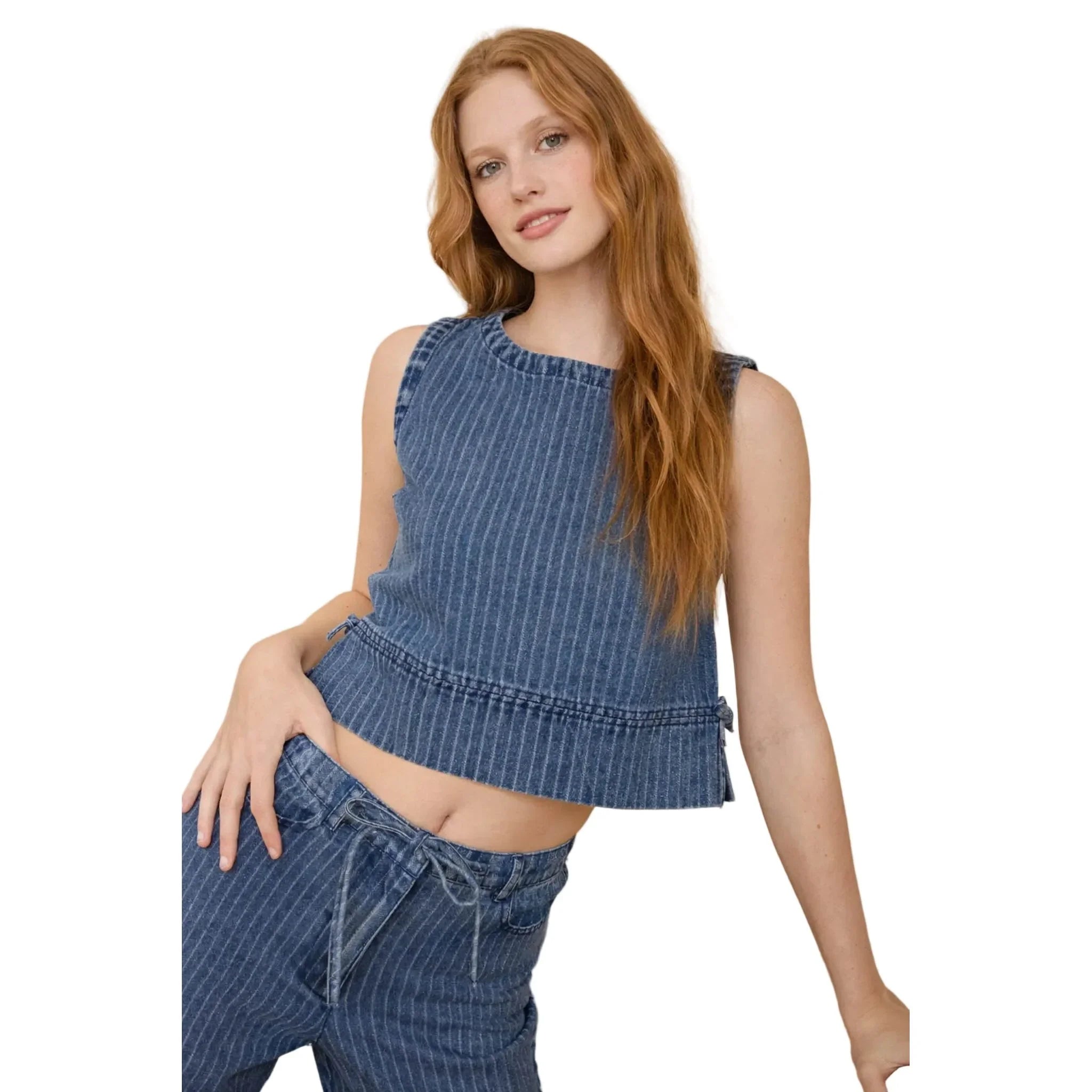 Women's Blu Pepper Striped Washed Denim Sleeveless Side Tie Crop Top TW2137-T