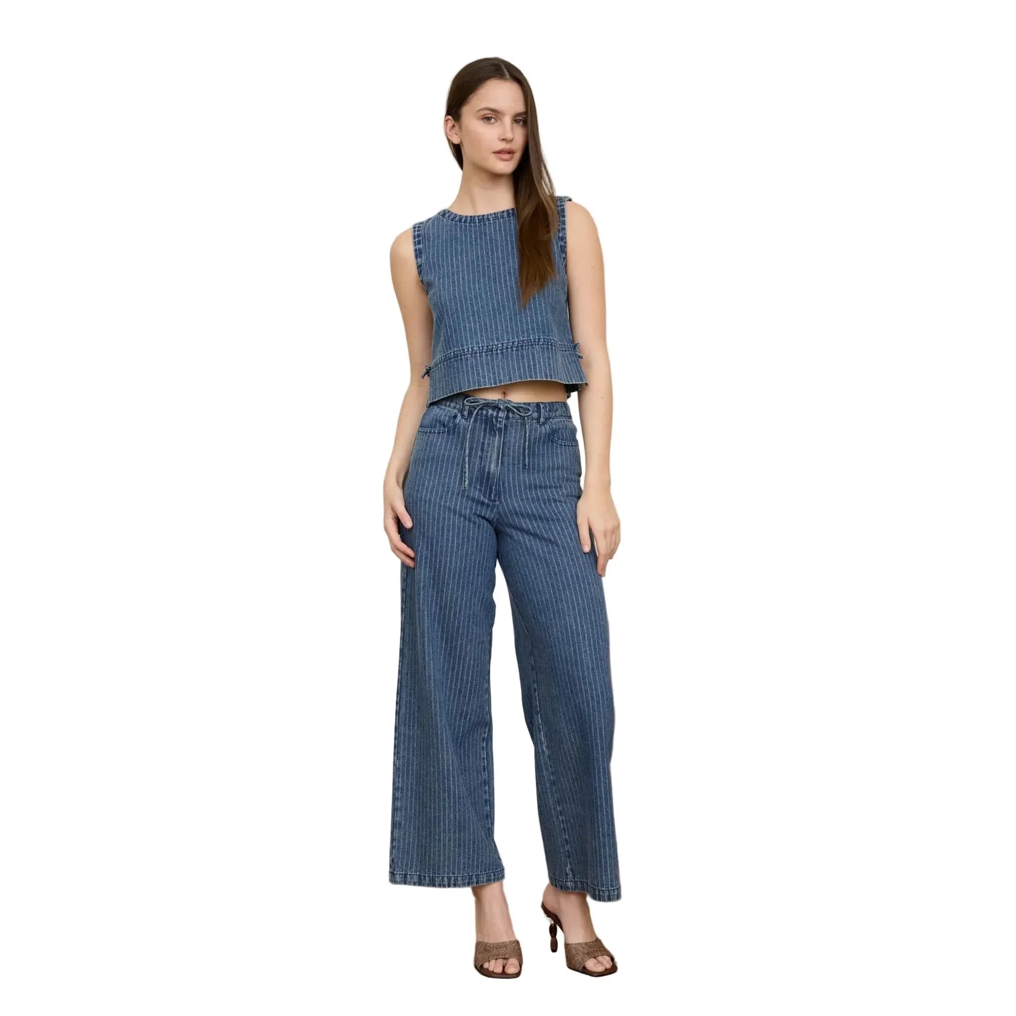 Women's Blu Pepper Striped Washed Denim Sleeveless Side Tie Crop Top TW2137-T