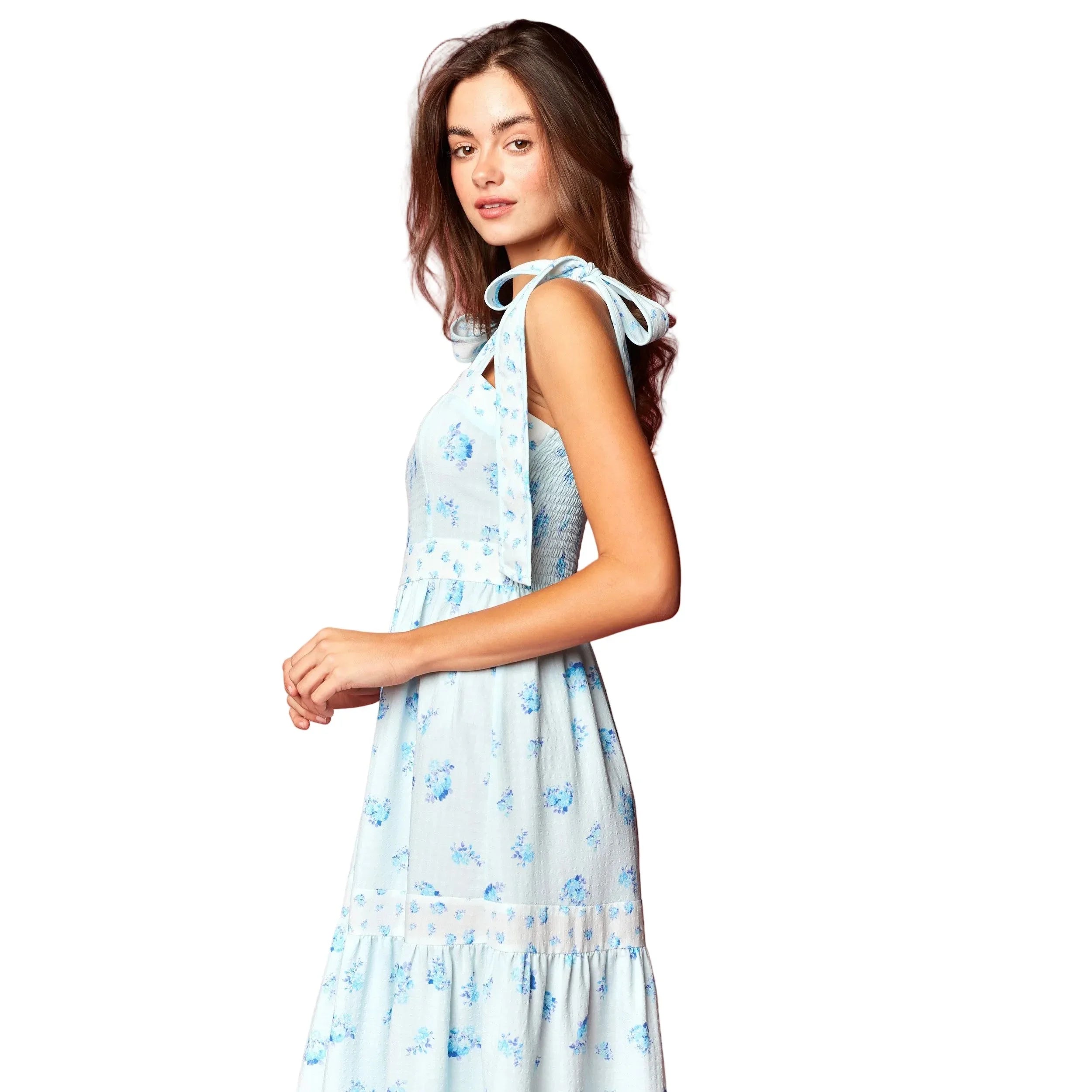 Women's Blue and White Floral Print Tie Strap Maxi Dress R30772D