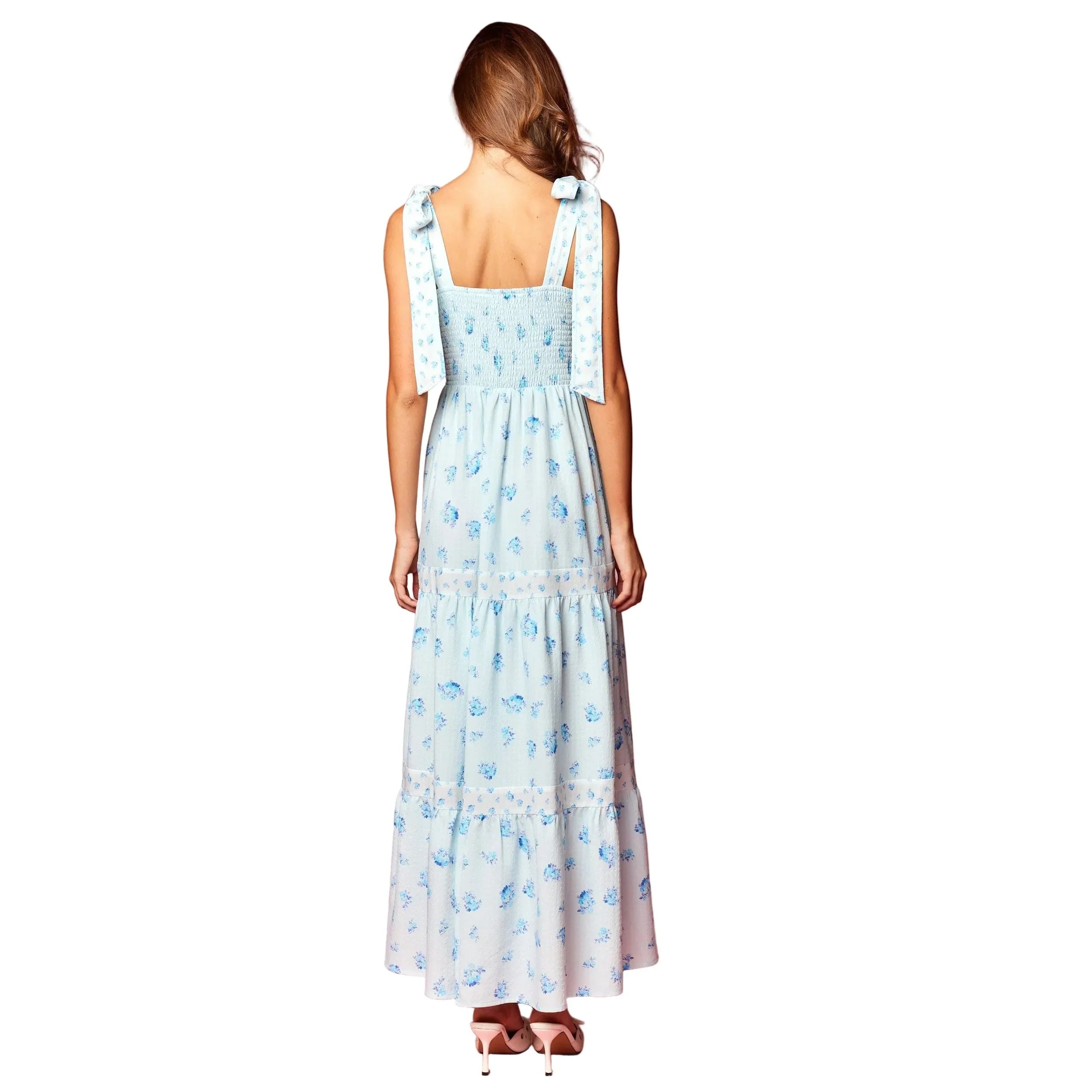 Women's Blue and White Floral Print Tie Strap Maxi Dress R30772D