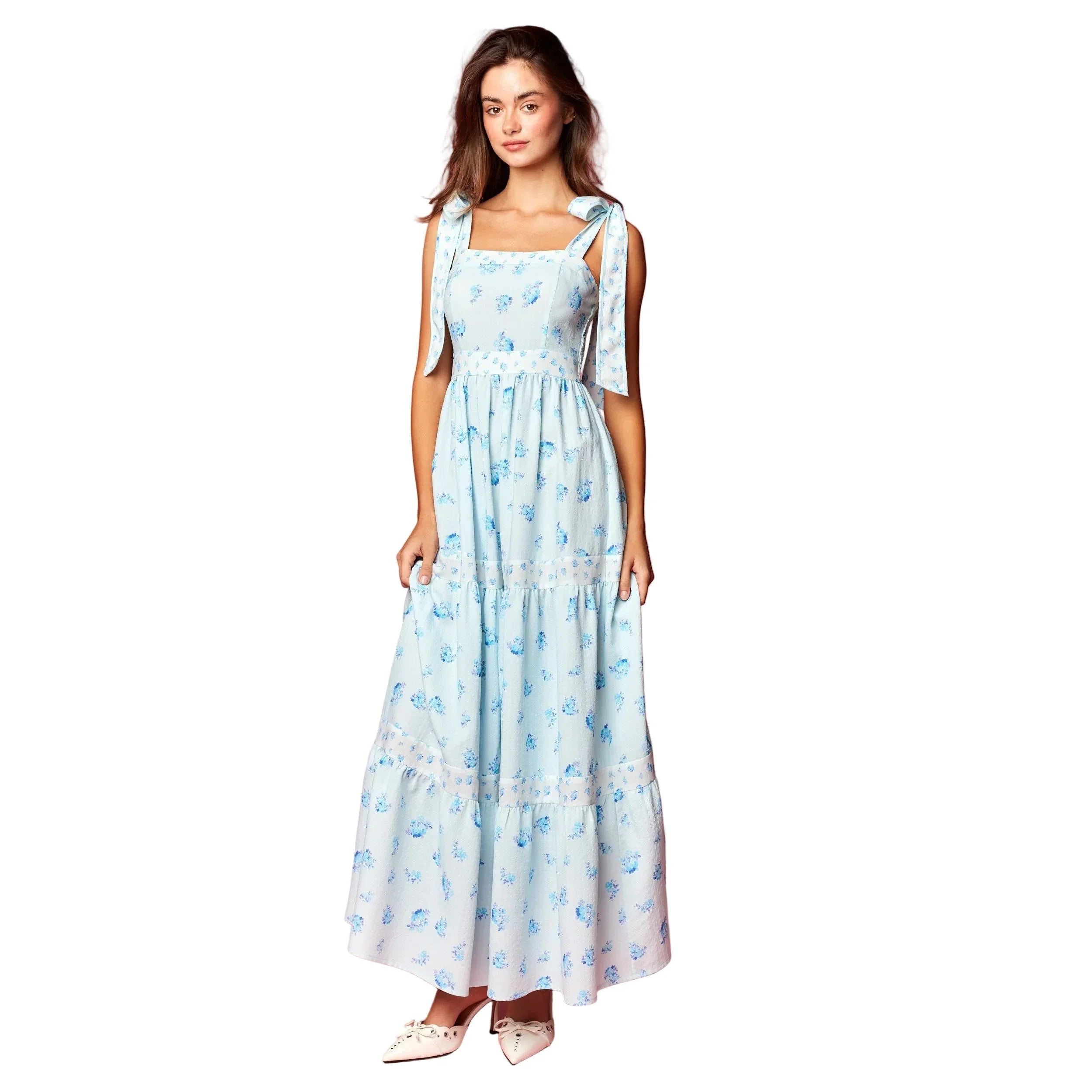 Women's Blue and White Floral Print Tie Strap Maxi Dress R30772D