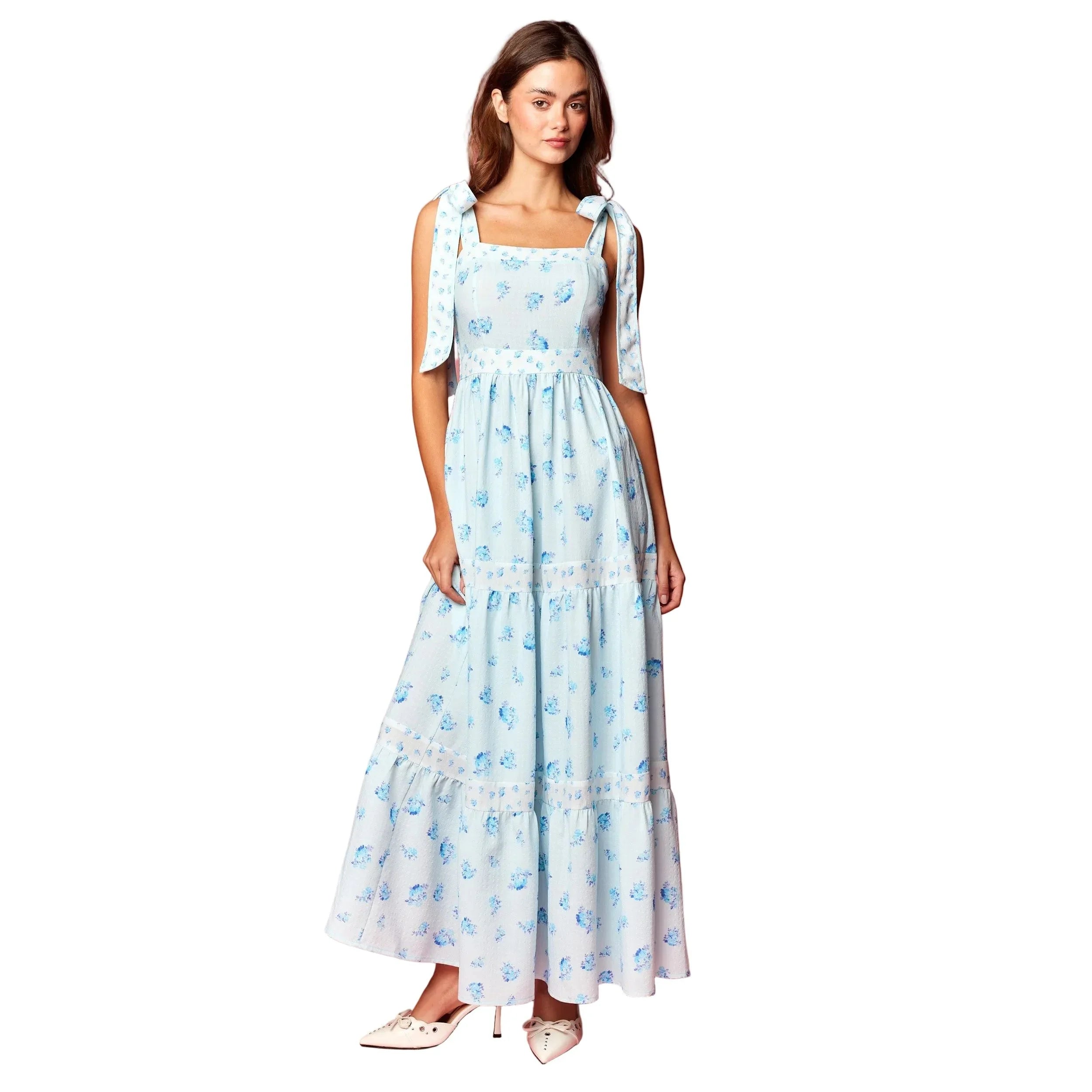 Women's Blue and White Floral Print Tie Strap Maxi Dress R30772D
