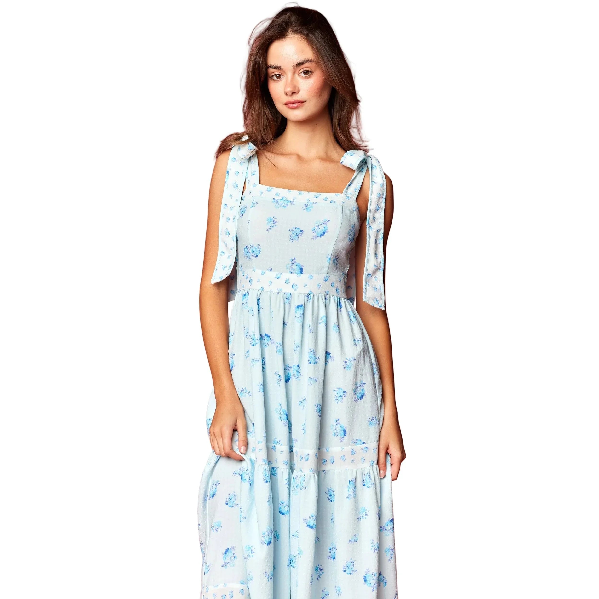 Women's Blue and White Floral Print Tie Strap Maxi Dress R30772D